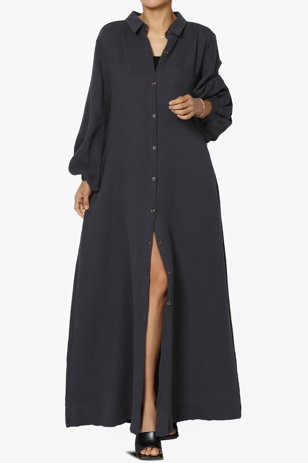 Sydnee Gauze Balloon Sleeve Belted Shirt Maxi Dress ASH BLACK_6