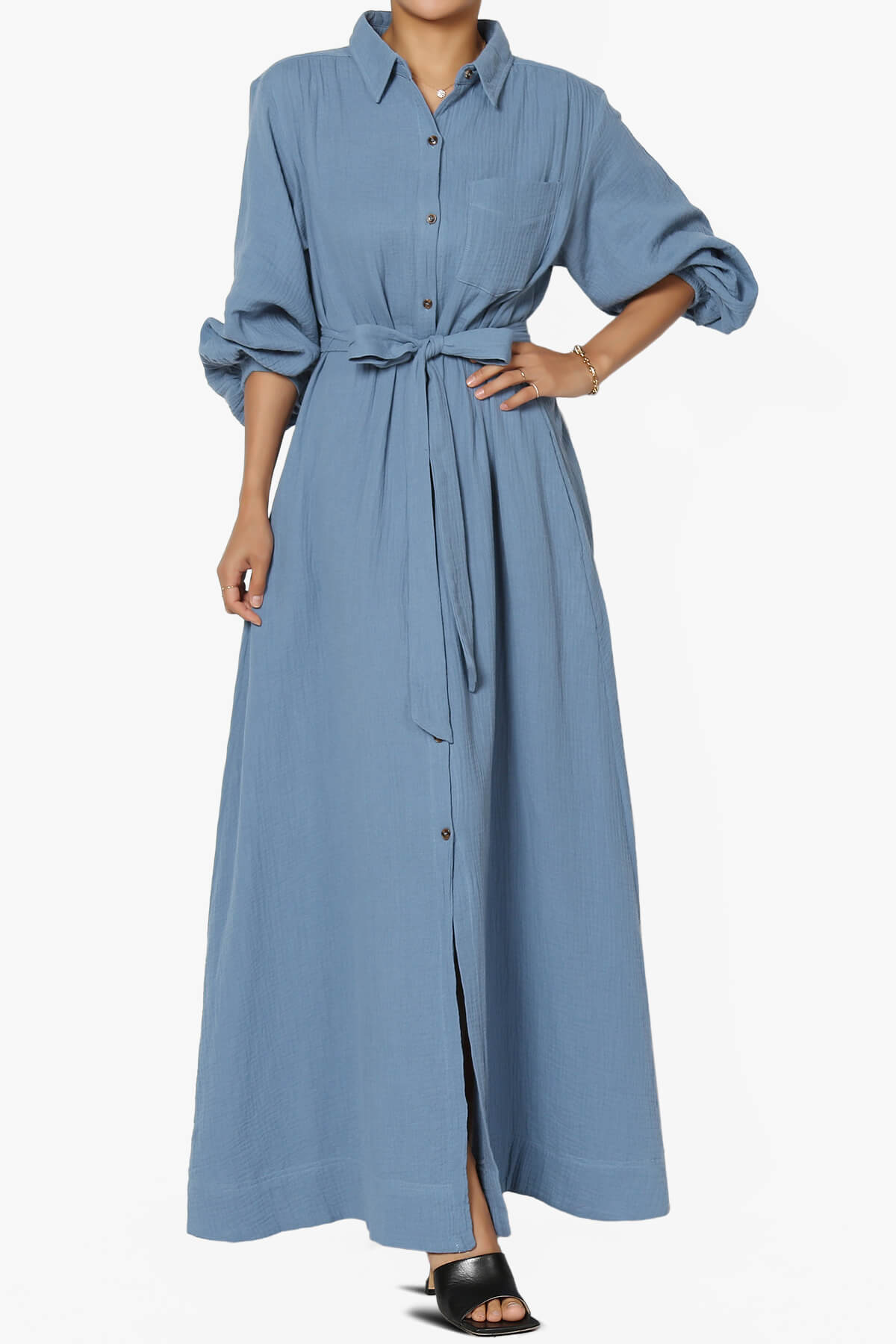 Sydnee Gauze Balloon Sleeve Belted Shirt Maxi Dress DENIM_1