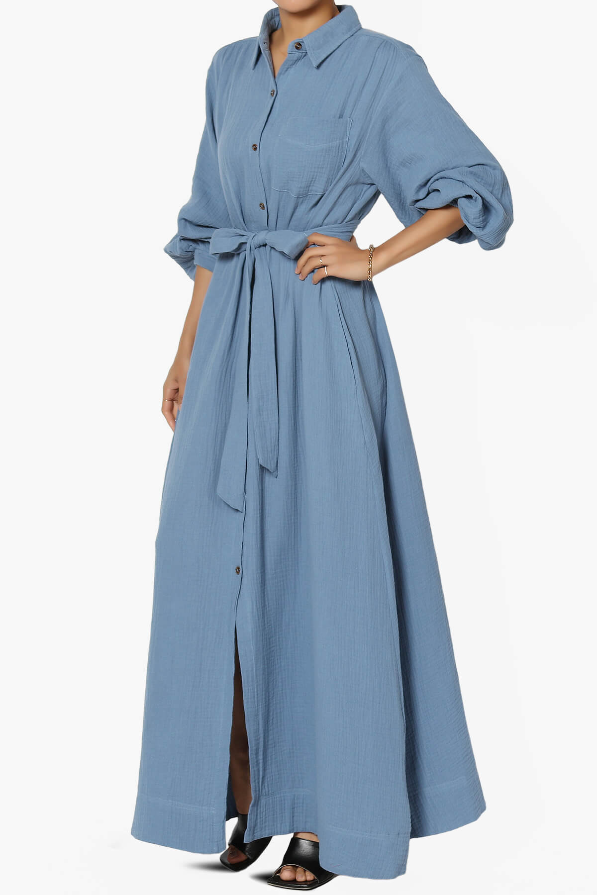 Sydnee Gauze Balloon Sleeve Belted Shirt Maxi Dress DENIM_3
