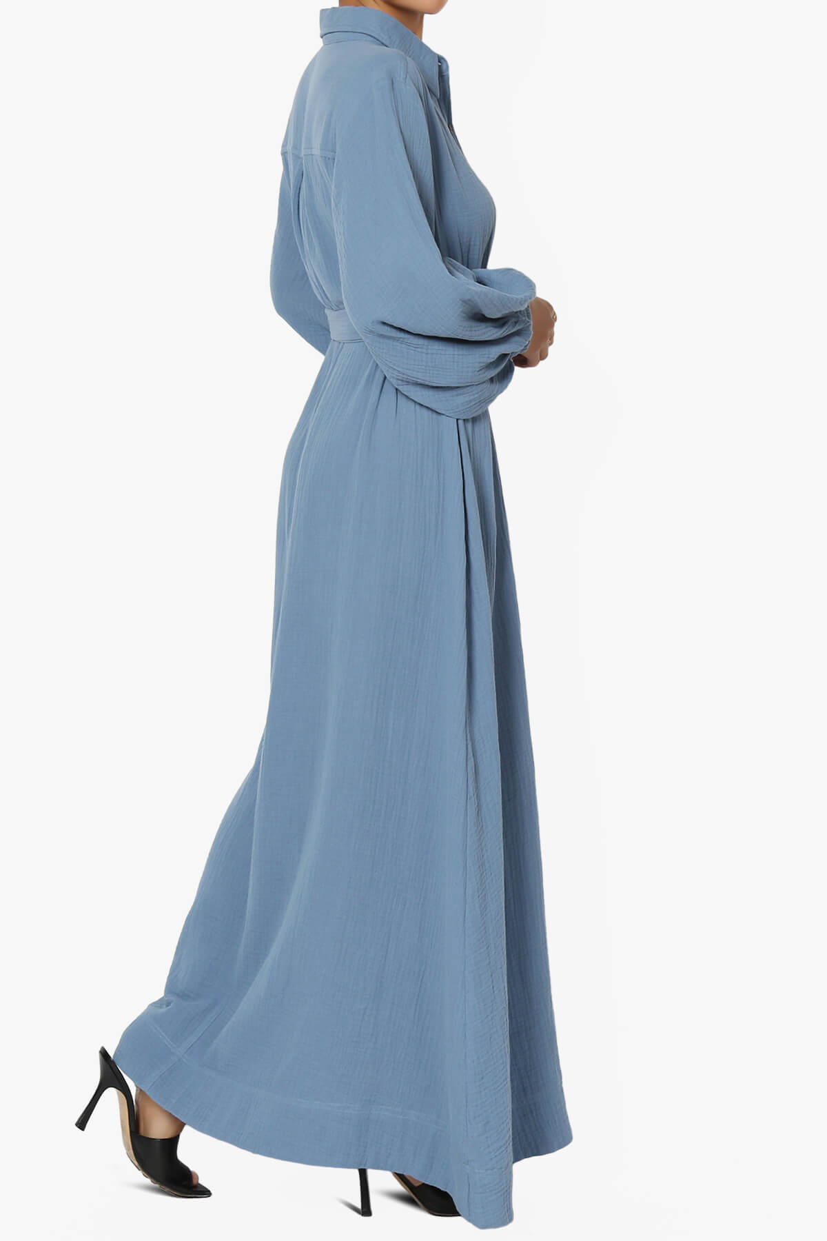 Sydnee Gauze Balloon Sleeve Belted Shirt Maxi Dress DENIM_4