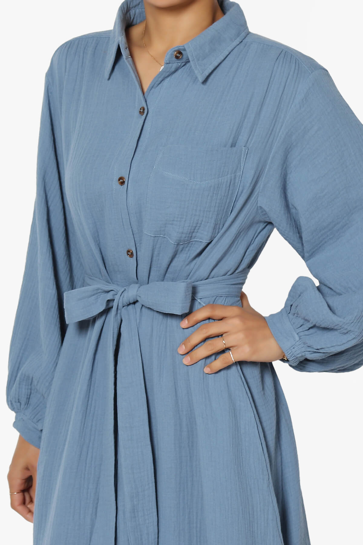 Sydnee Gauze Balloon Sleeve Belted Shirt Maxi Dress DENIM_5