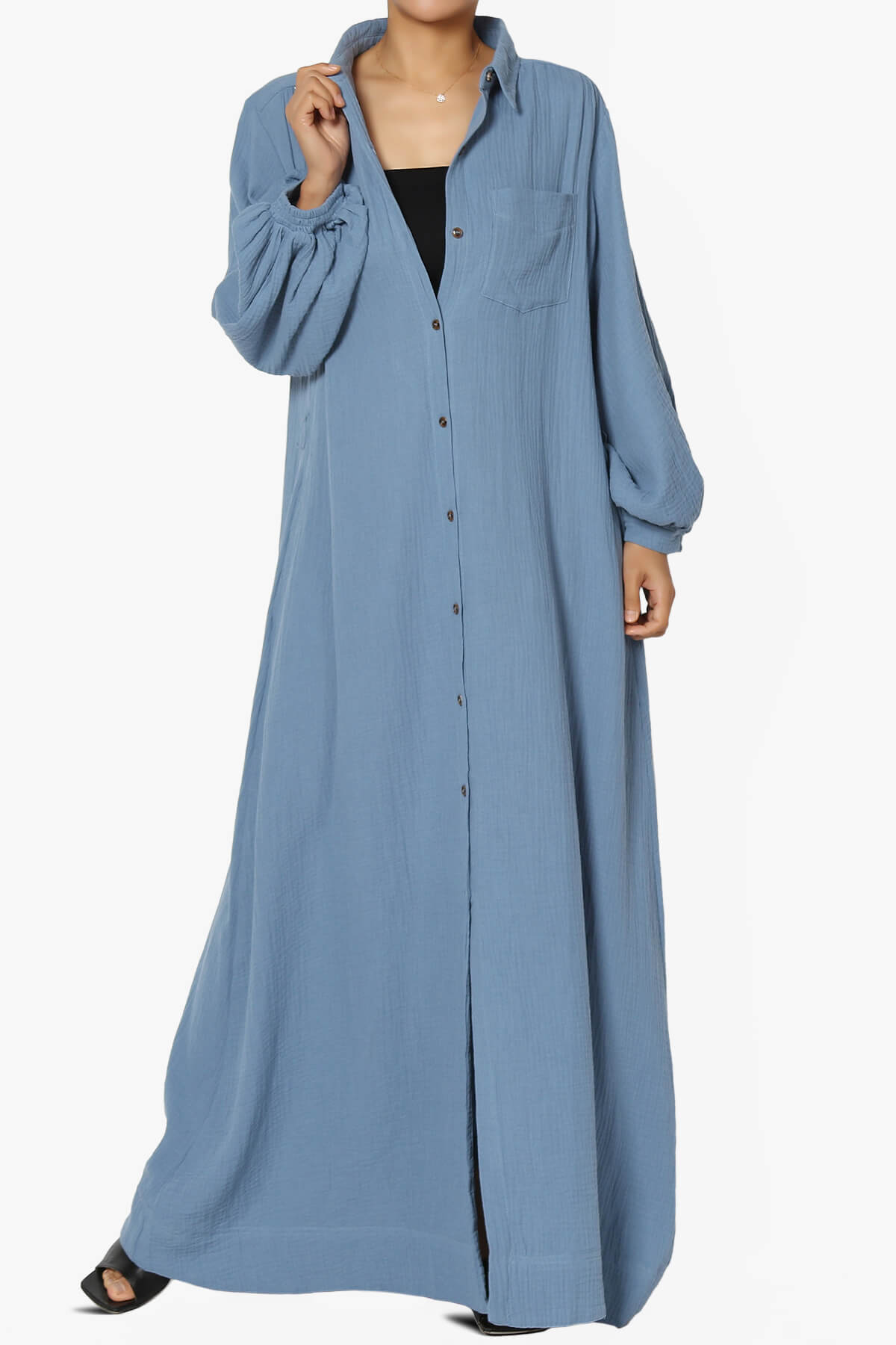 Sydnee Gauze Balloon Sleeve Belted Shirt Maxi Dress DENIM_6