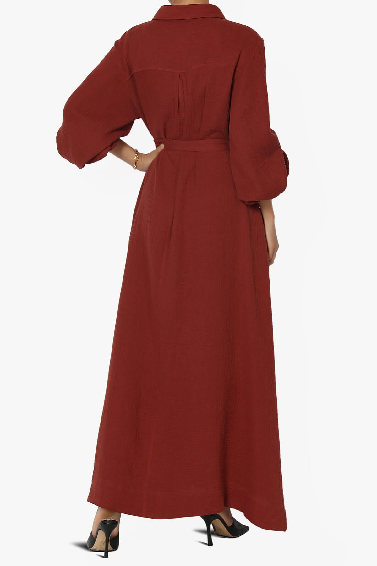 Sydnee Gauze Balloon Sleeve Belted Shirt Maxi Dress HAZELNUT_2