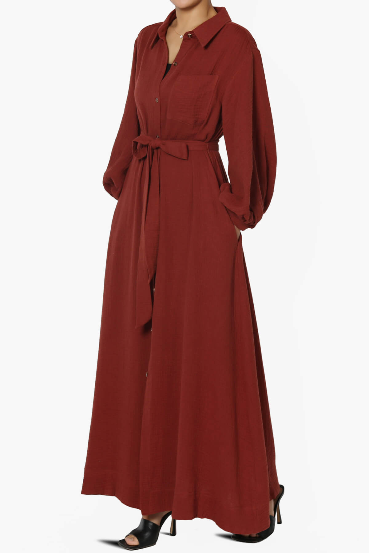 Sydnee Gauze Balloon Sleeve Belted Shirt Maxi Dress HAZELNUT_3