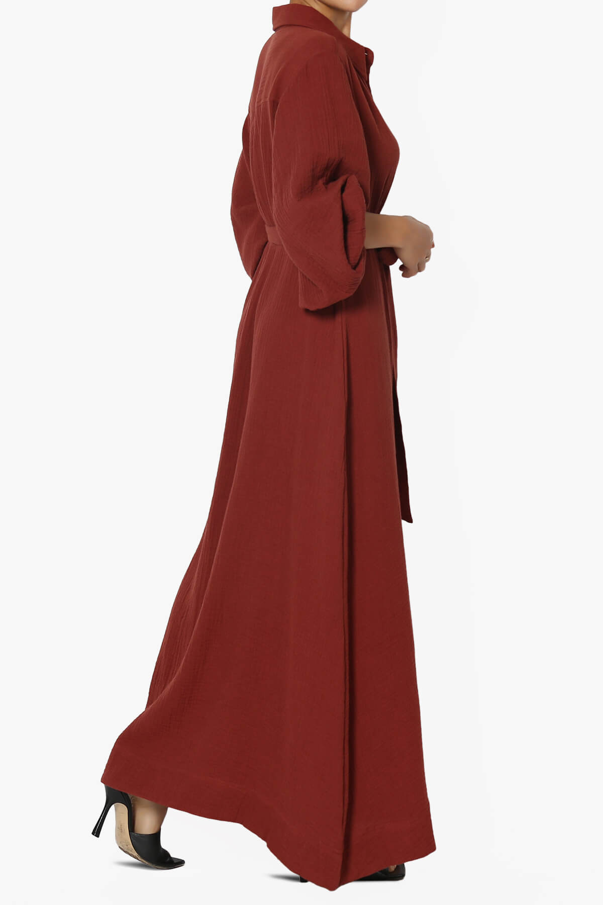 Sydnee Gauze Balloon Sleeve Belted Shirt Maxi Dress HAZELNUT_4