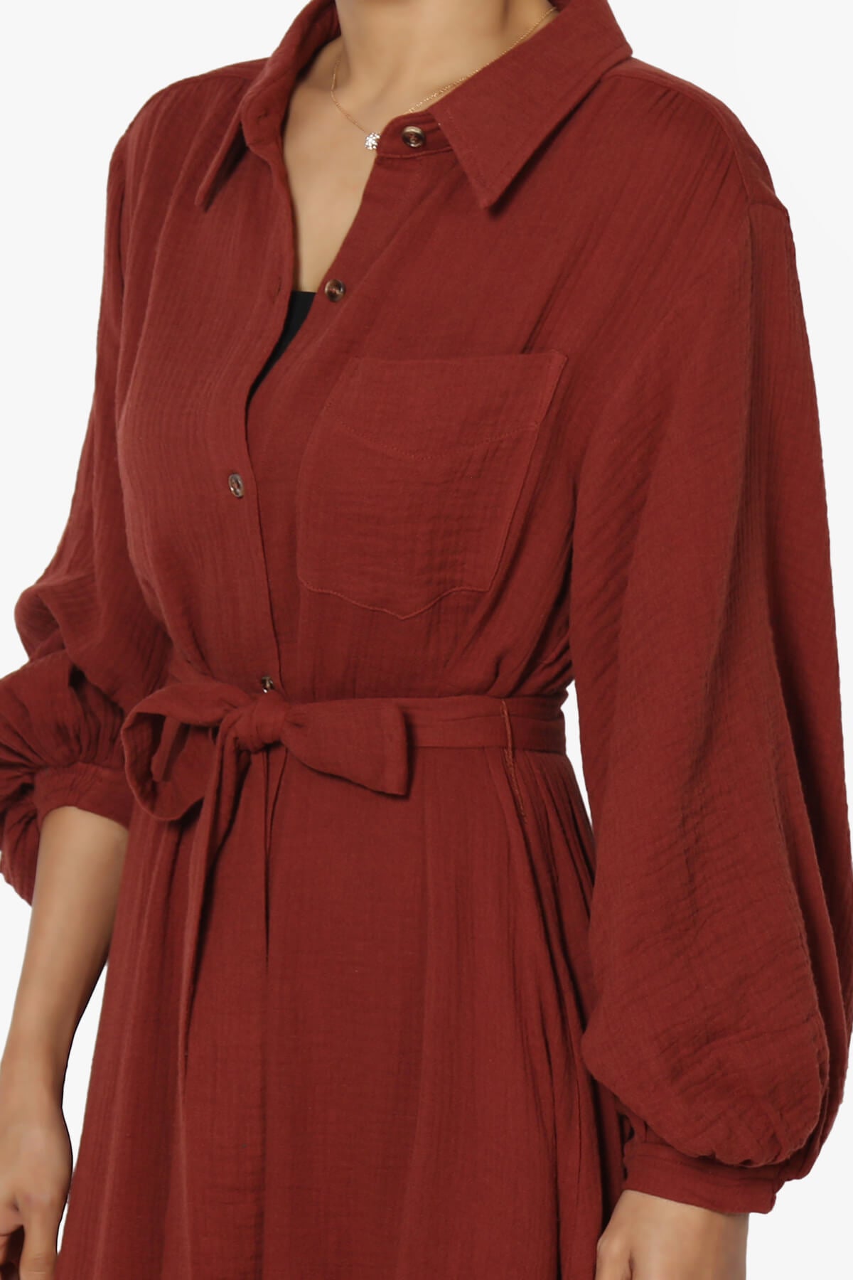 Sydnee Gauze Balloon Sleeve Belted Shirt Maxi Dress HAZELNUT_5