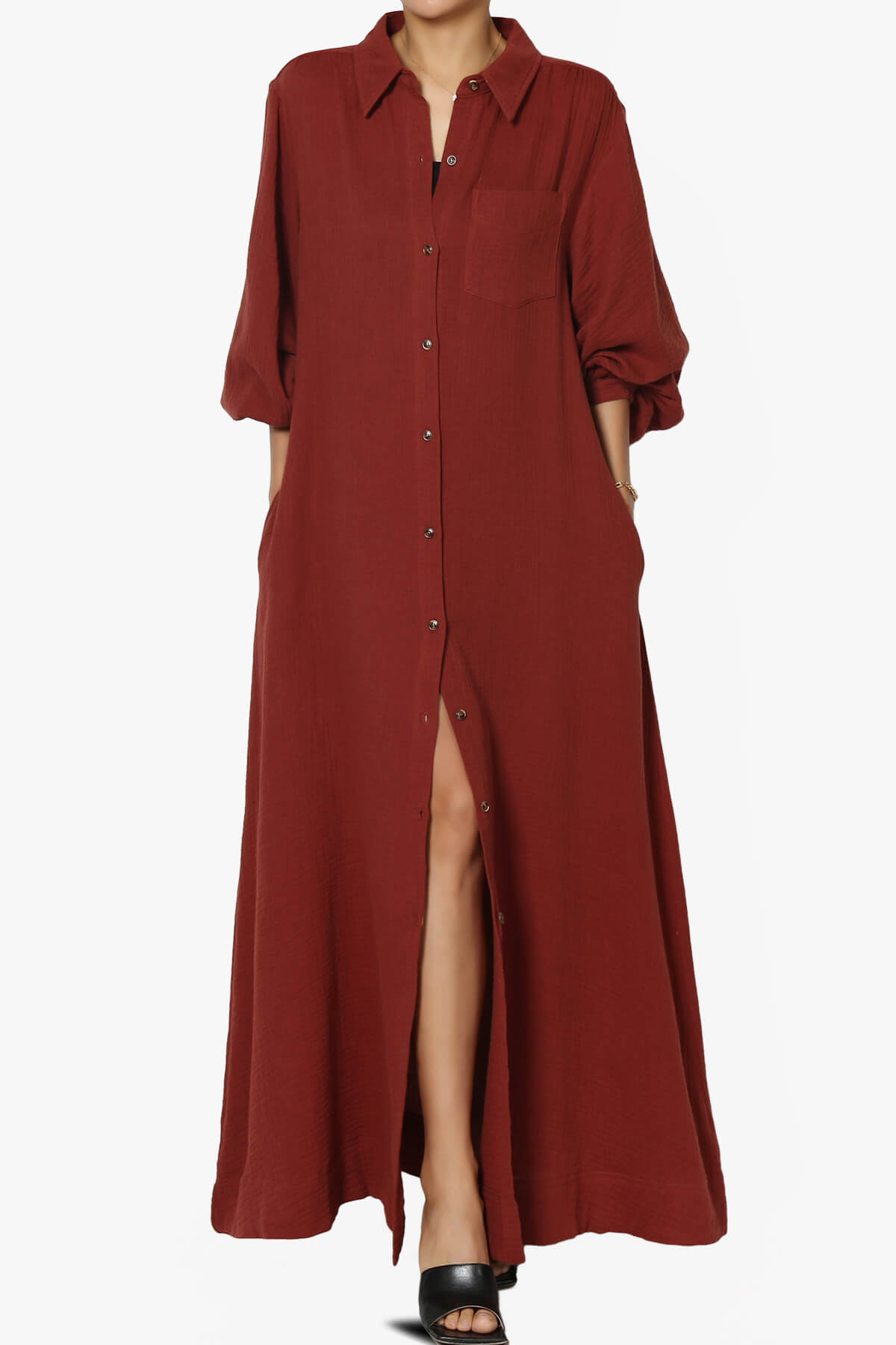 Sydnee Gauze Balloon Sleeve Belted Shirt Maxi Dress HAZELNUT_6