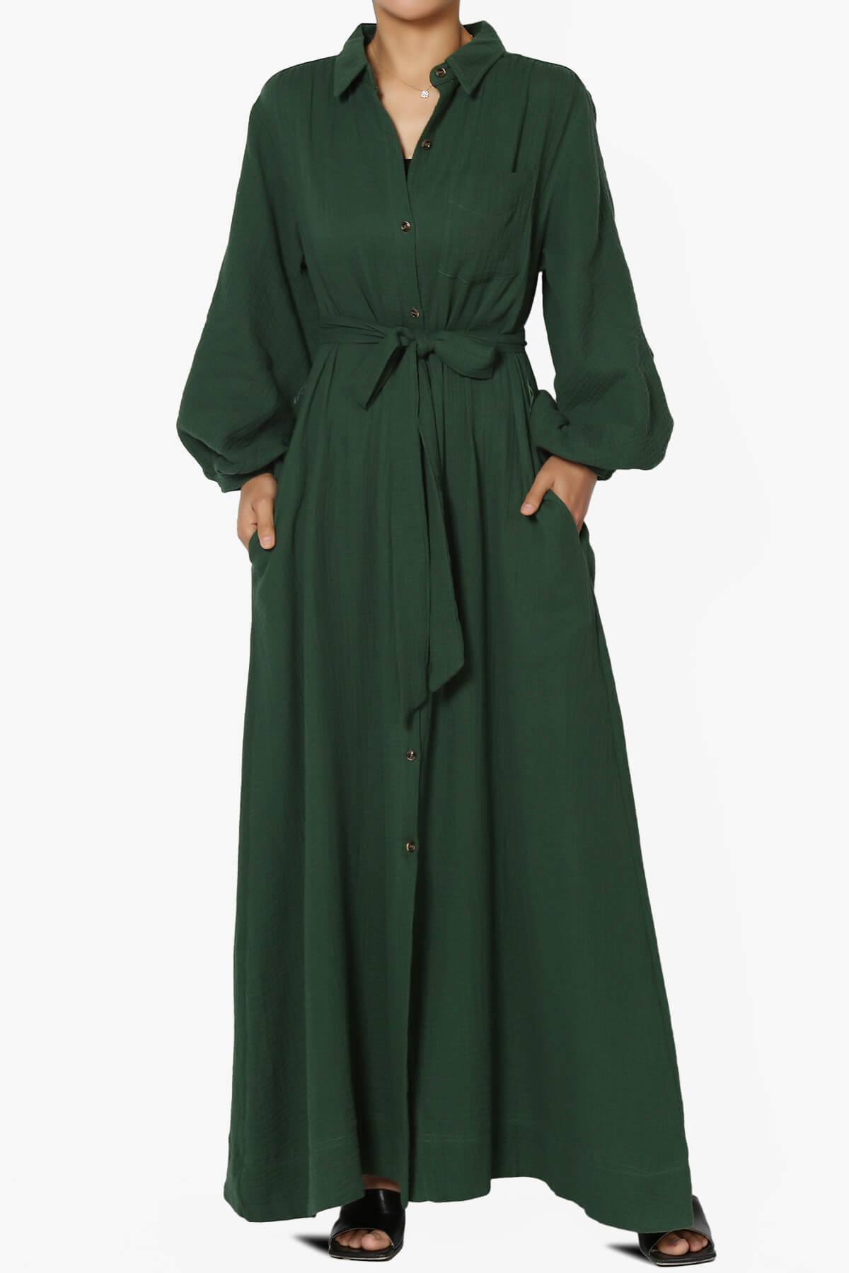 Sydnee Gauze Balloon Sleeve Belted Shirt Maxi Dress HUNTER GREEN_1
