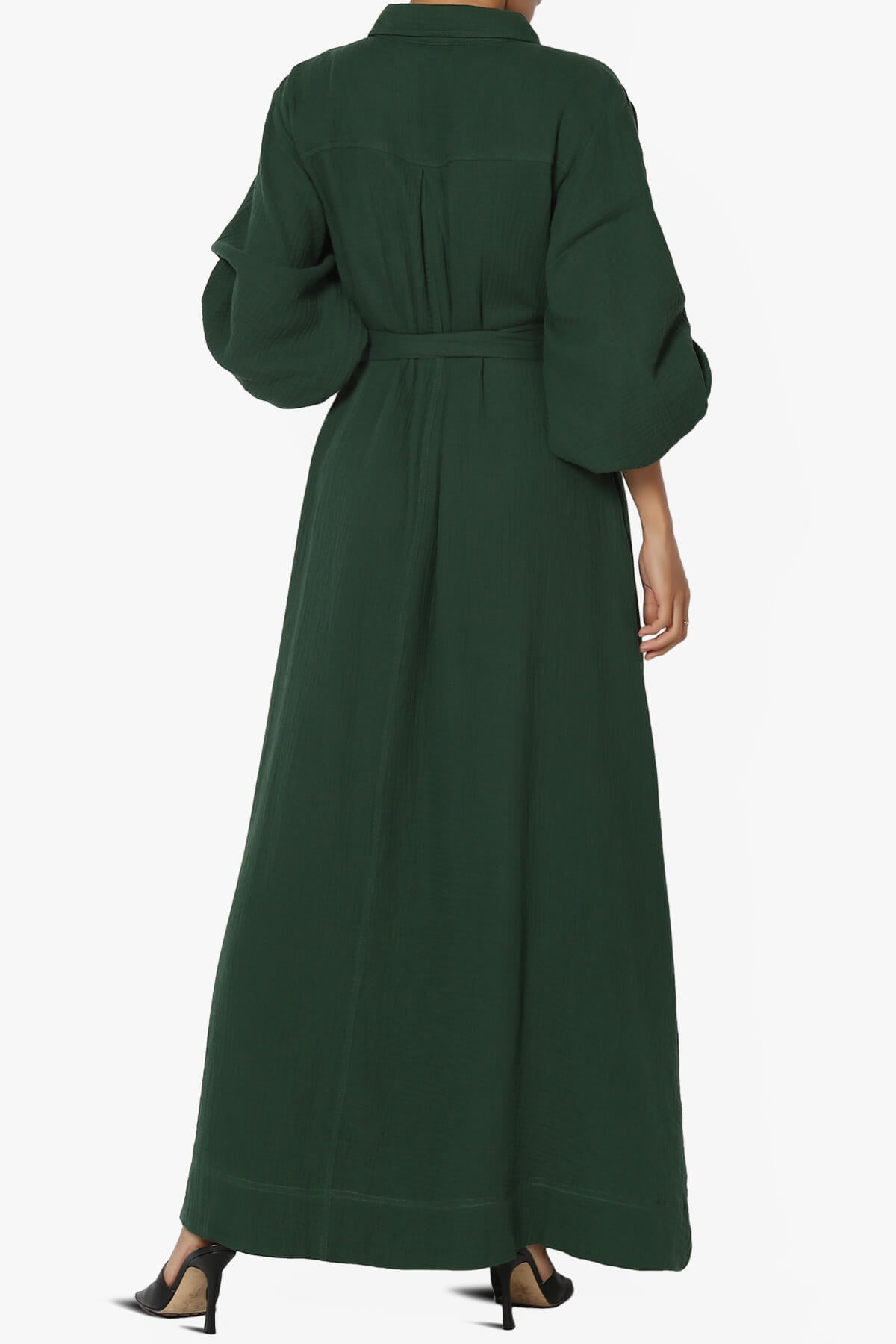 Sydnee Gauze Balloon Sleeve Belted Shirt Maxi Dress HUNTER GREEN_2