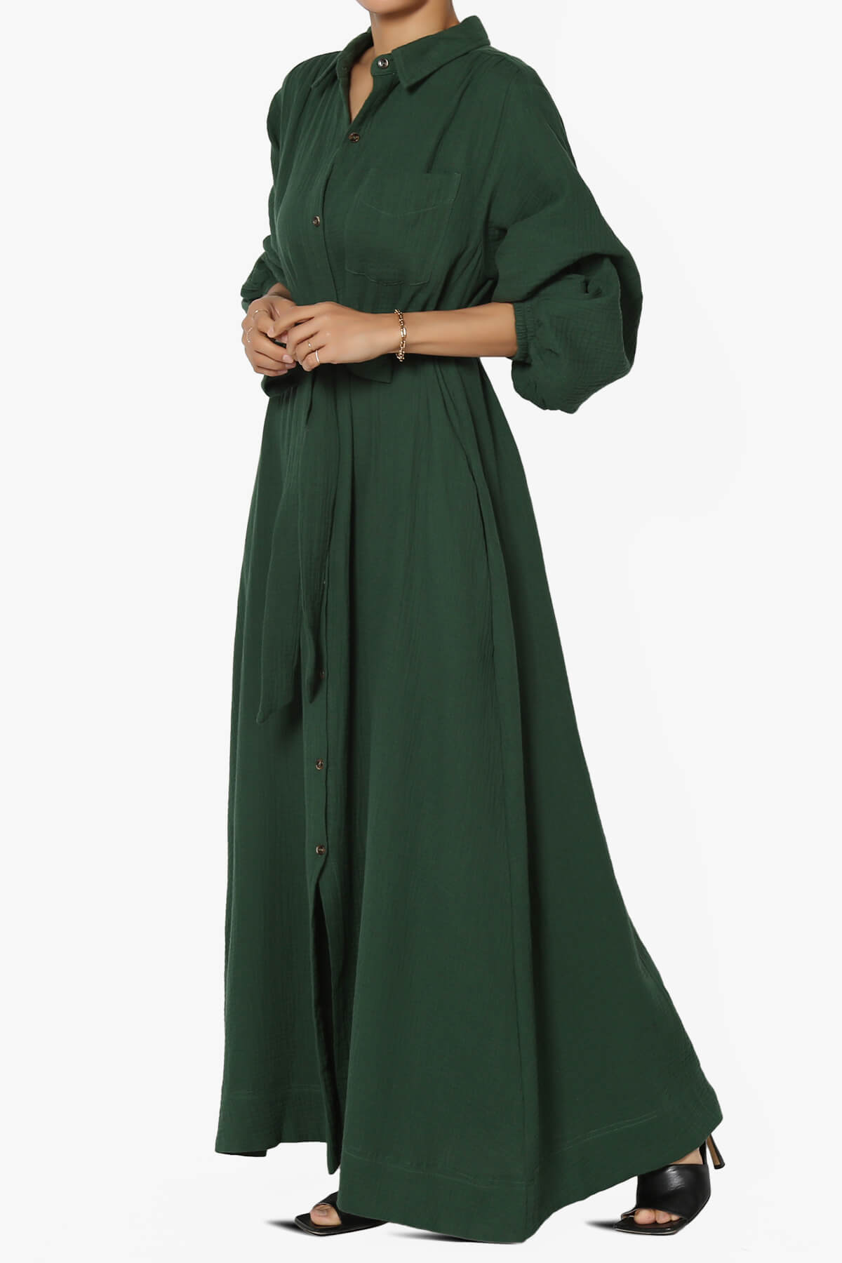 Sydnee Gauze Balloon Sleeve Belted Shirt Maxi Dress HUNTER GREEN_3