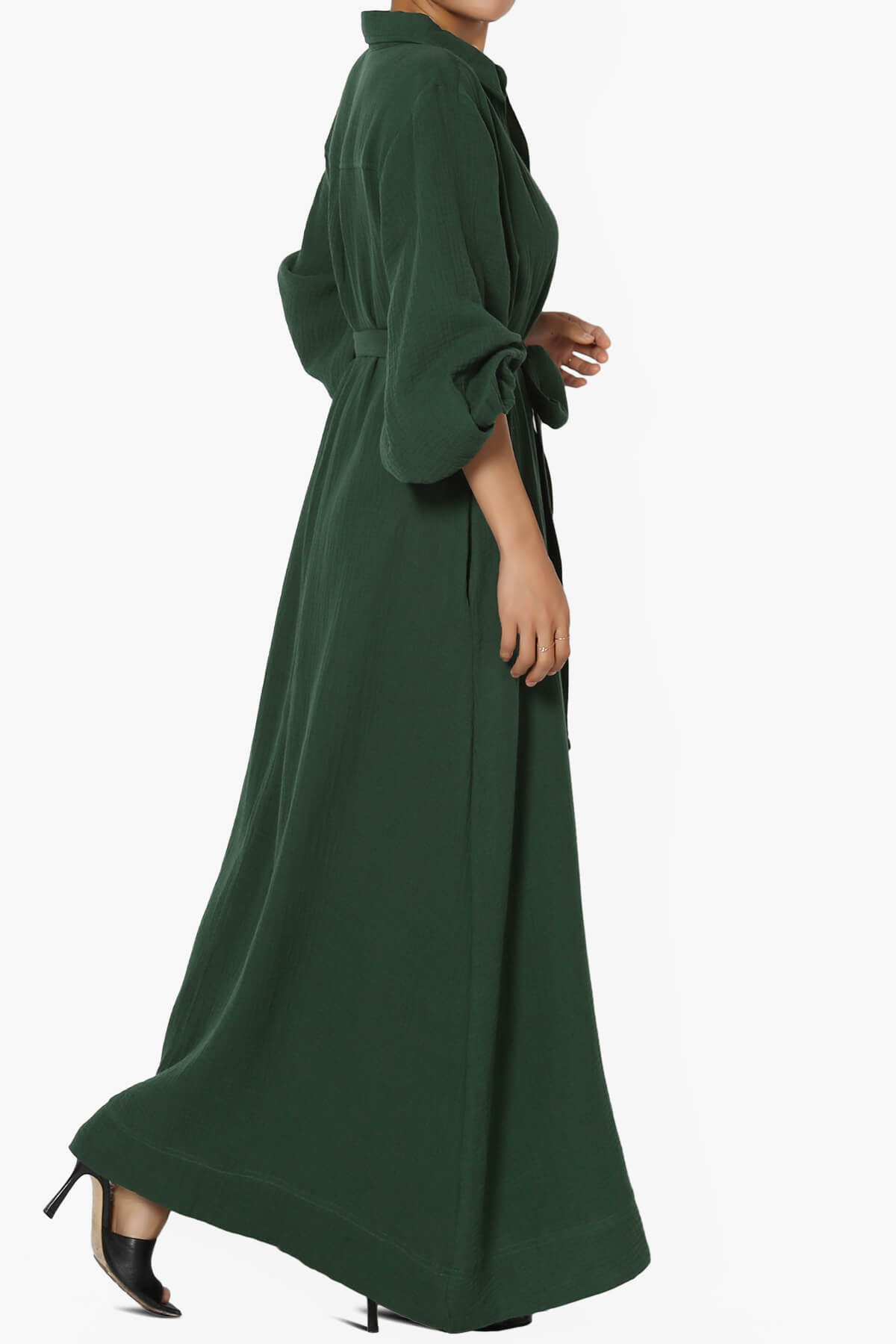 Sydnee Gauze Balloon Sleeve Belted Shirt Maxi Dress HUNTER GREEN_4
