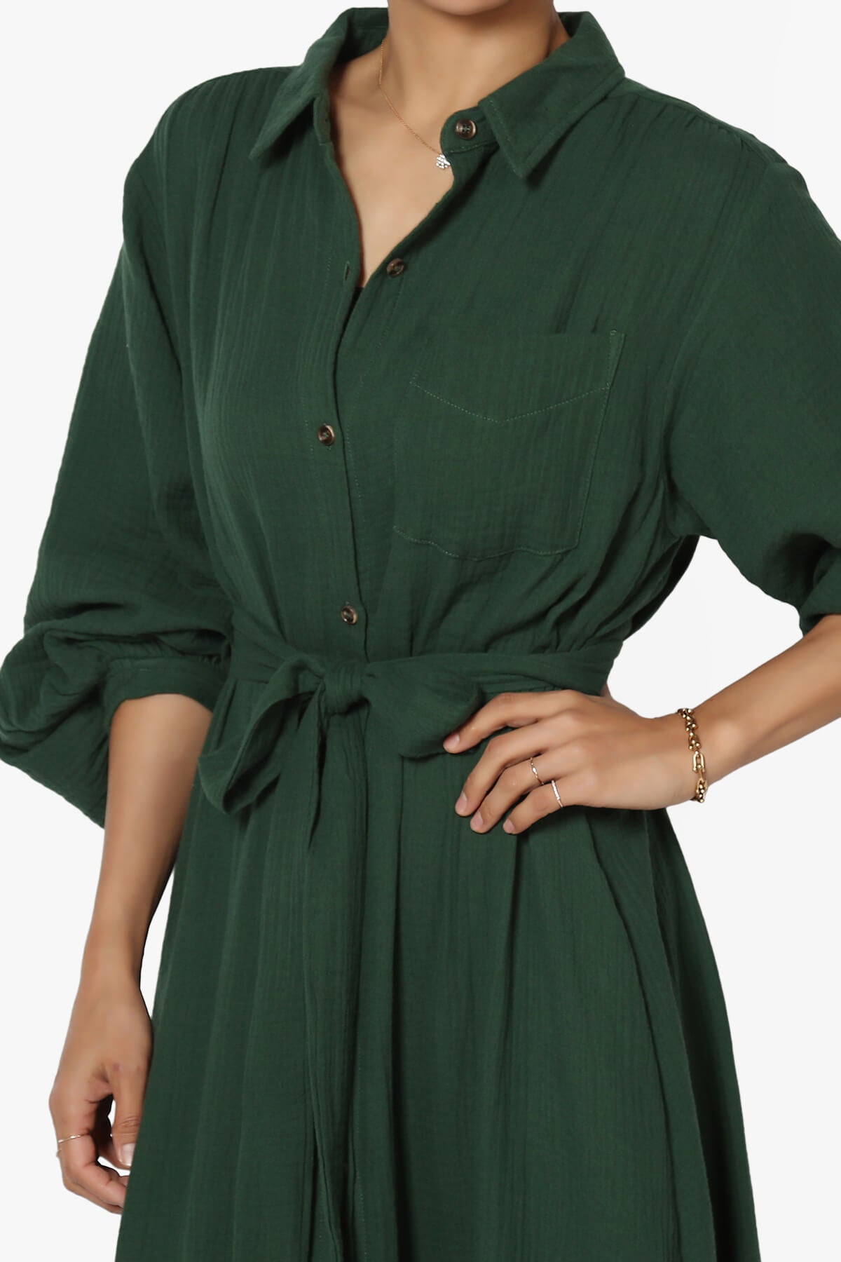 Sydnee Gauze Balloon Sleeve Belted Shirt Maxi Dress HUNTER GREEN_5