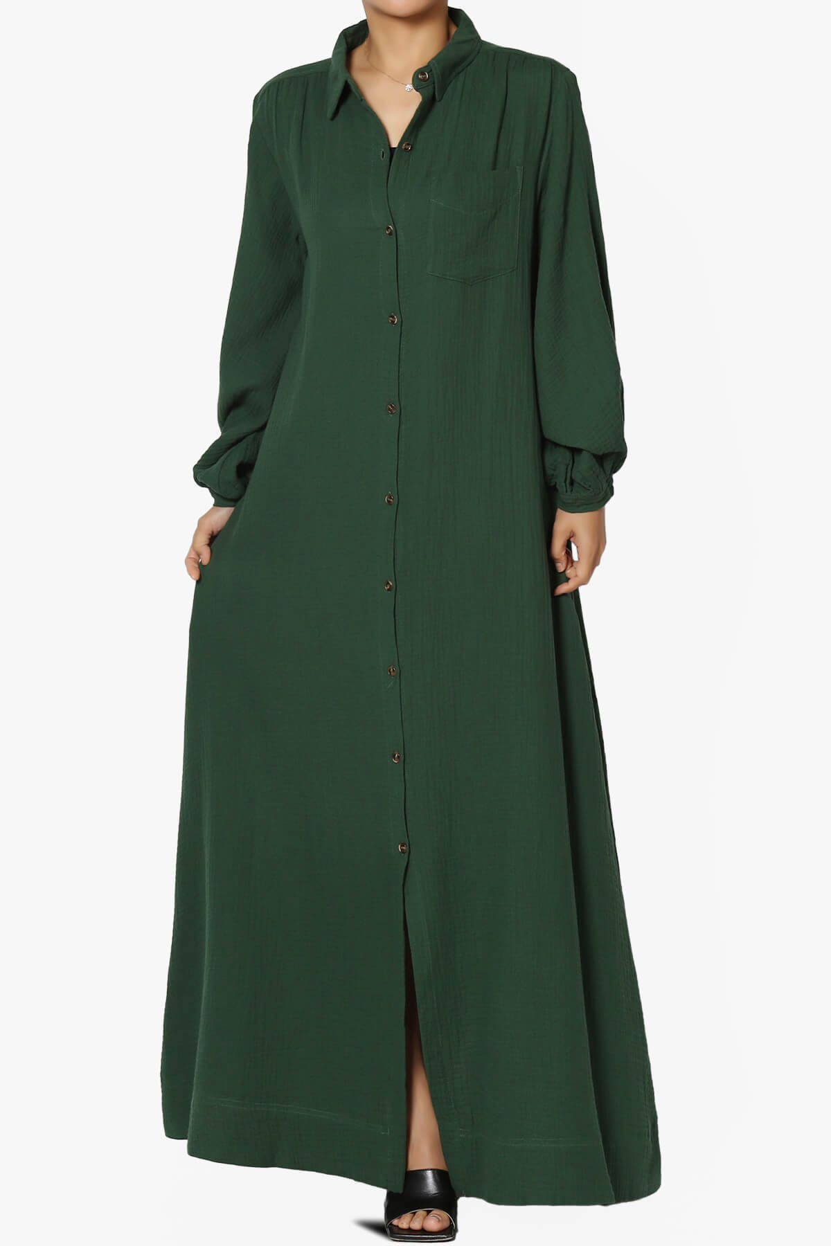 Sydnee Gauze Balloon Sleeve Belted Shirt Maxi Dress HUNTER GREEN_6