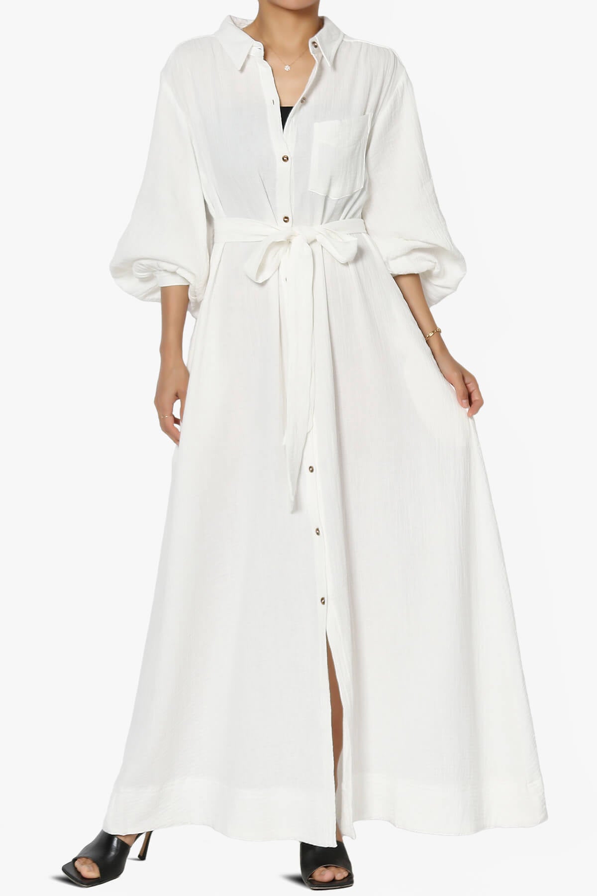 Sydnee Gauze Balloon Sleeve Belted Shirt Maxi Dress IVORY_1