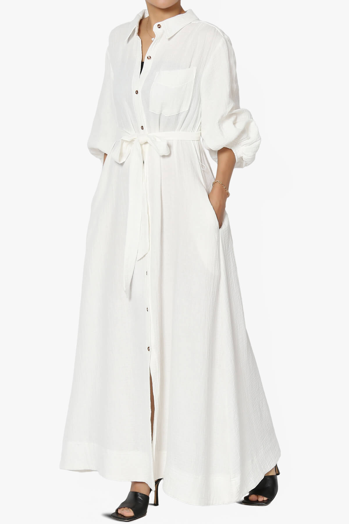 Sydnee Gauze Balloon Sleeve Belted Shirt Maxi Dress IVORY_3
