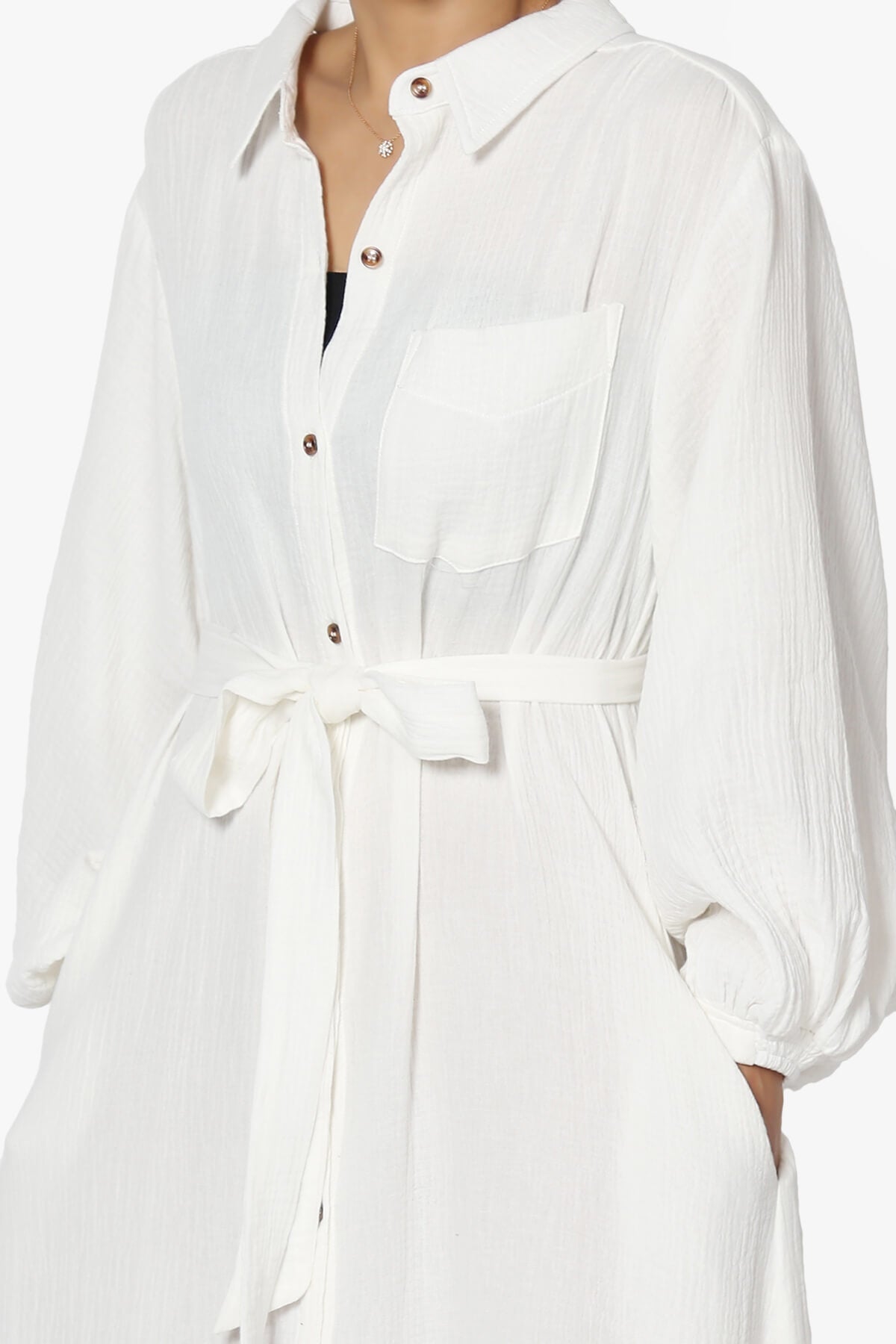 Sydnee Gauze Balloon Sleeve Belted Shirt Maxi Dress IVORY_5