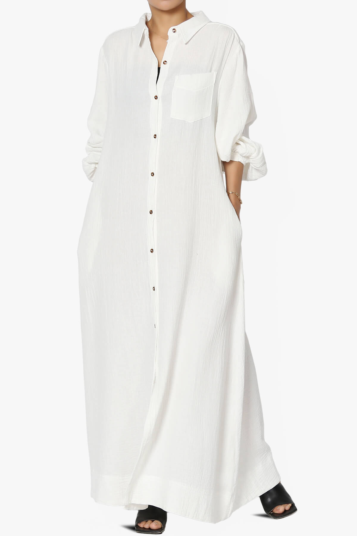 Sydnee Gauze Balloon Sleeve Belted Shirt Maxi Dress IVORY_6