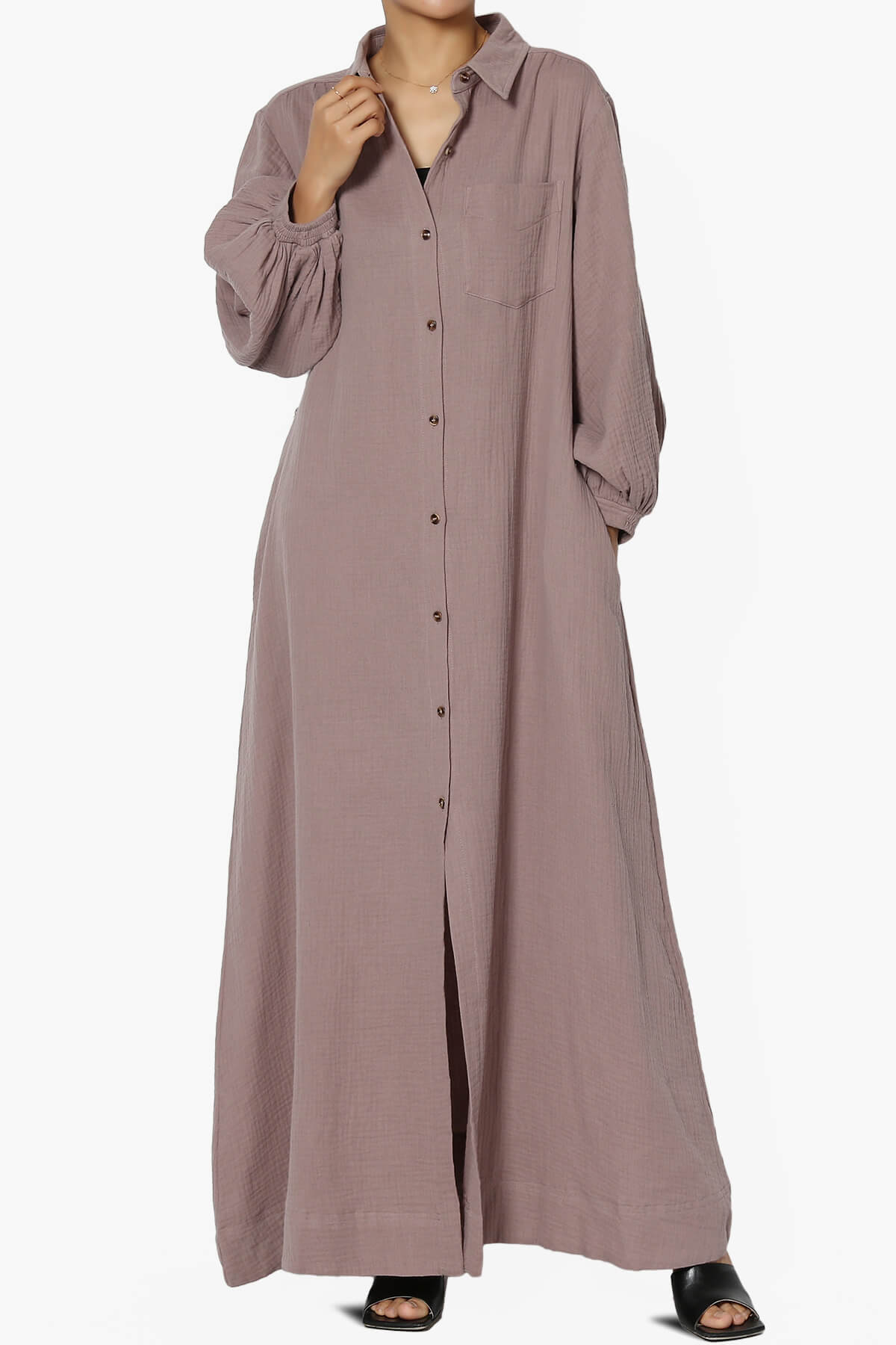 Sydnee Gauze Balloon Sleeve Belted Shirt Maxi Dress MOCHA_1