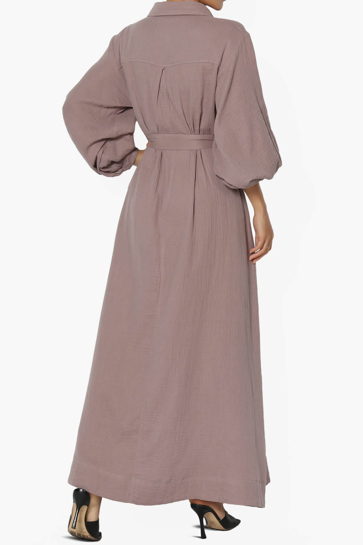 Sydnee Gauze Balloon Sleeve Belted Shirt Maxi Dress MOCHA_2