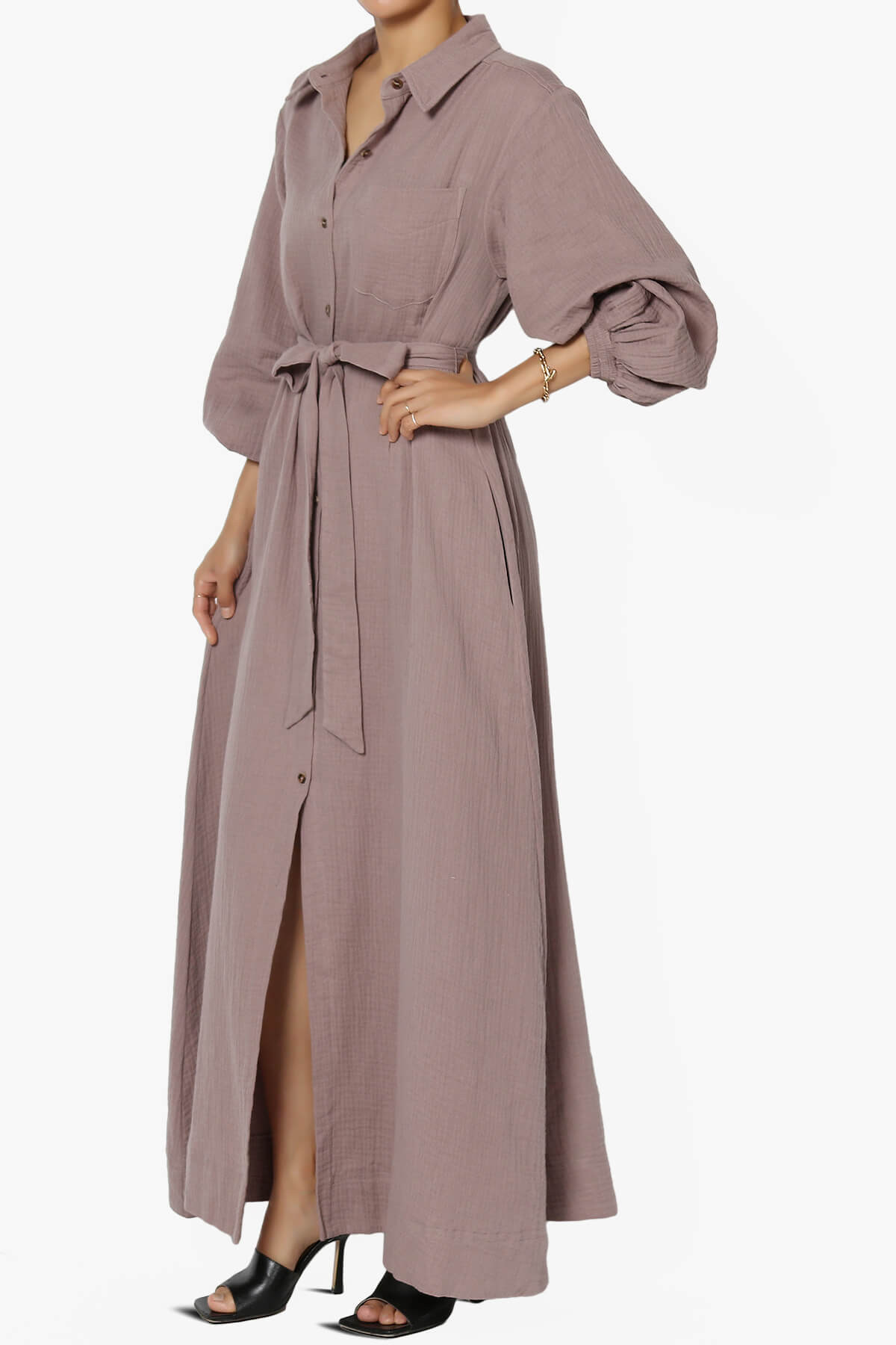 Sydnee Gauze Balloon Sleeve Belted Shirt Maxi Dress MOCHA_3