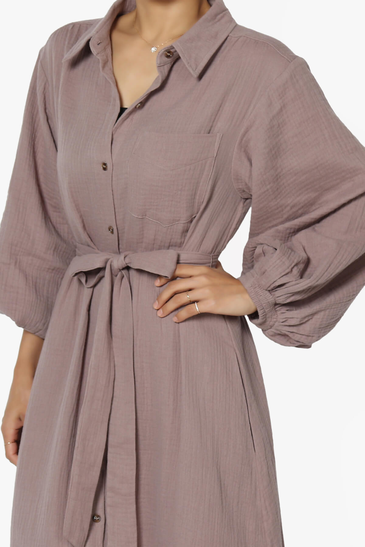 Sydnee Gauze Balloon Sleeve Belted Shirt Maxi Dress MOCHA_5