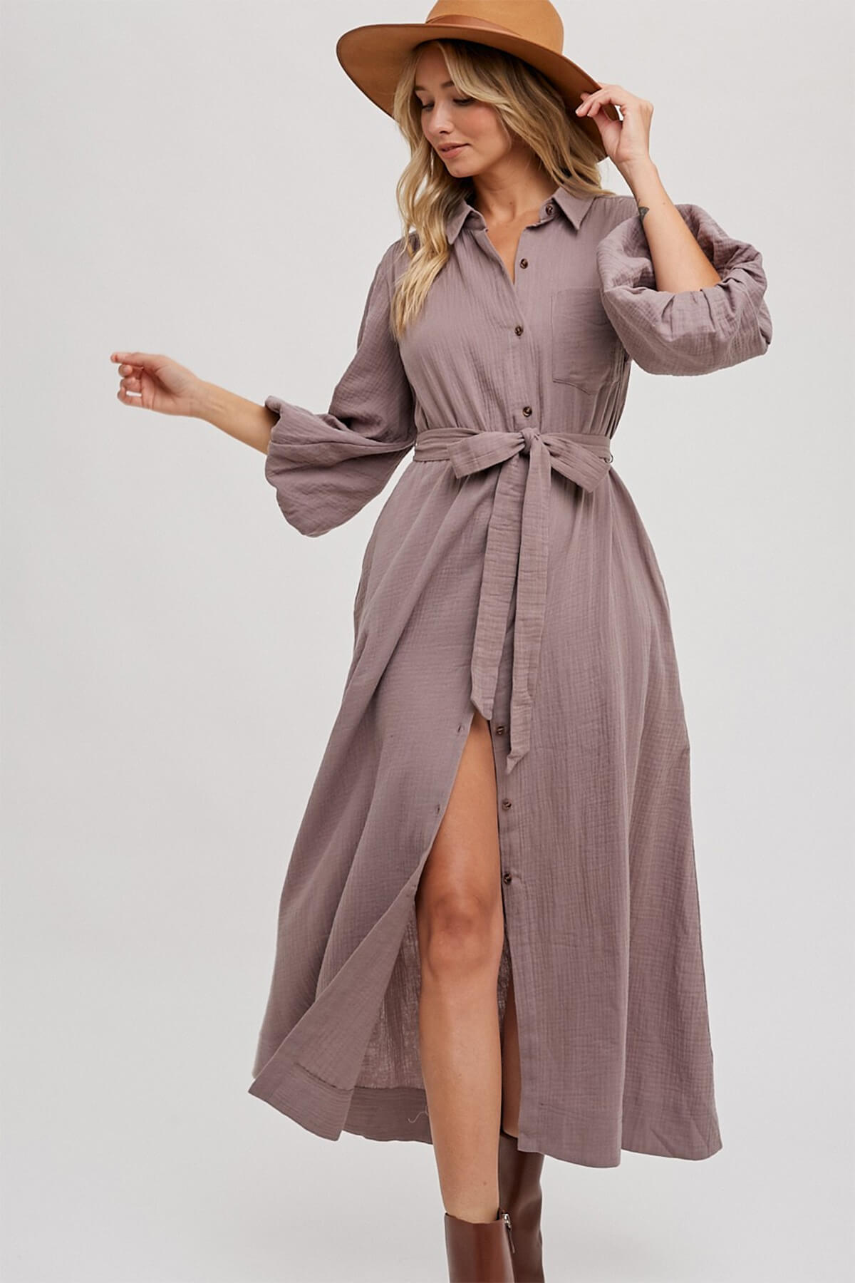 Sydnee Gauze Balloon Sleeve Belted Shirt Maxi Dress MOCHA_6