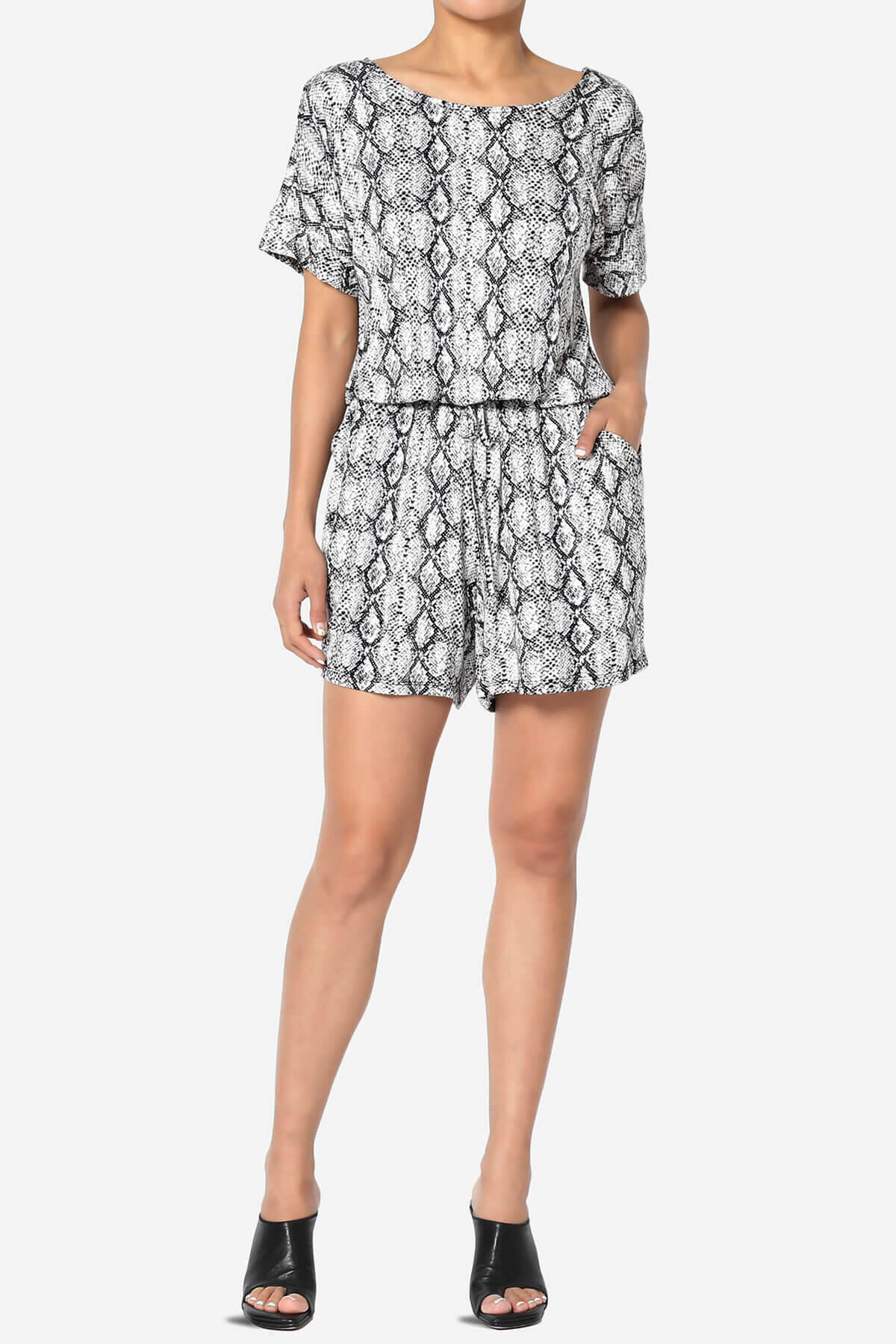 Tina Snake Skin Short Sleeve Jersey Romper BLACK_6