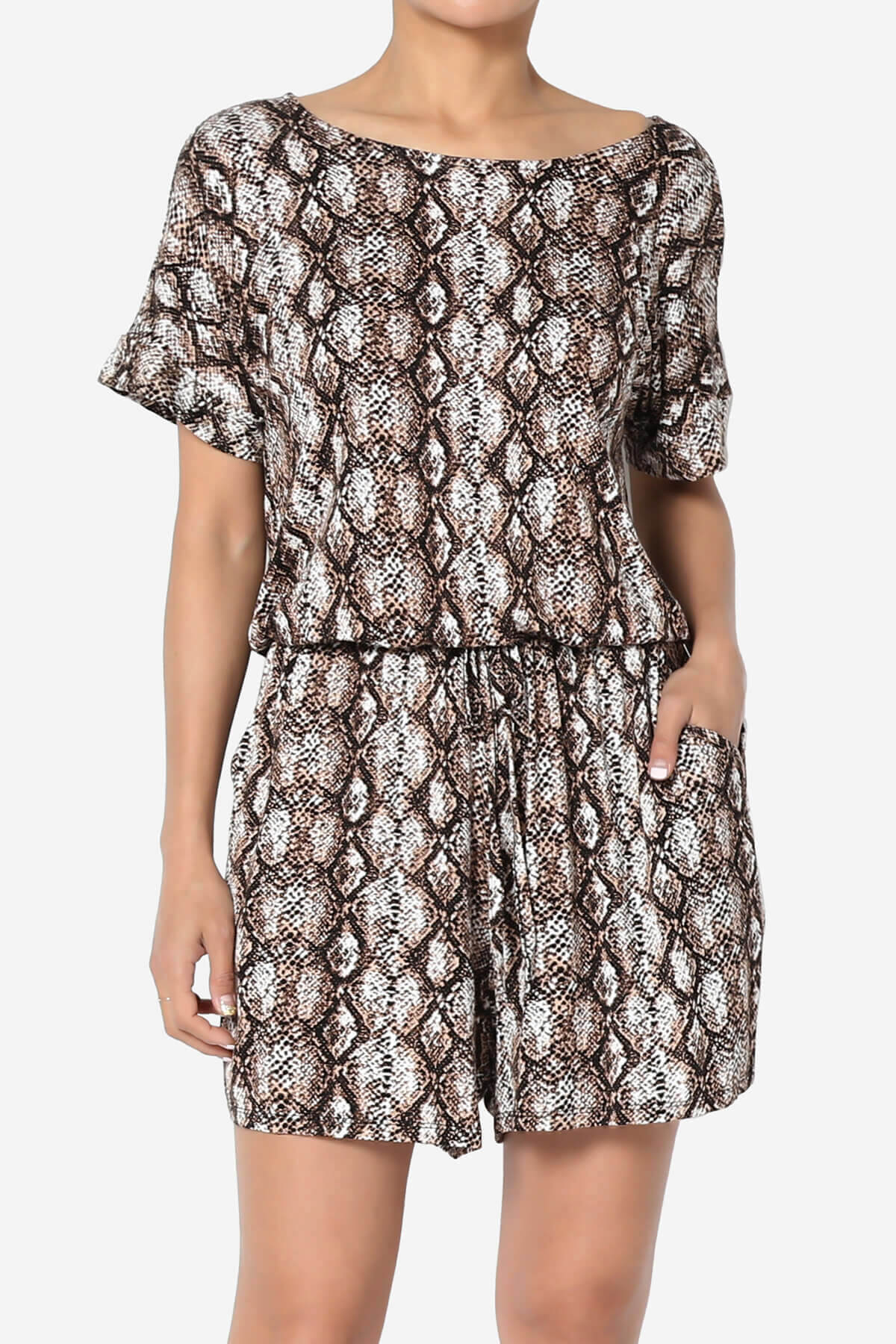 Tina Snake Skin Short Sleeve Jersey Romper BROWN_1