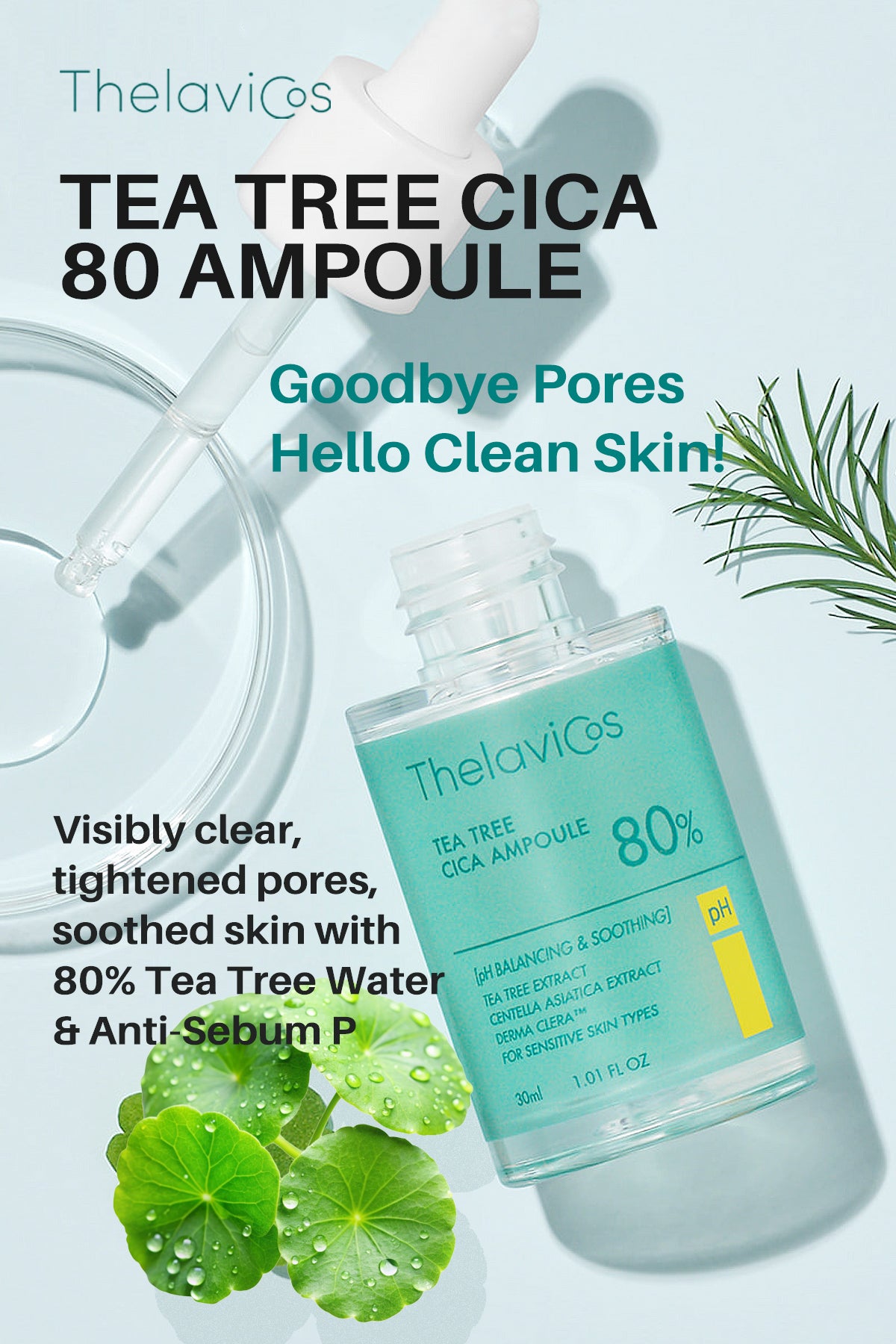 Thelavicos Tea Tree Cica 80 Ampoule 30ml/1.01 fl.oz | K-Beauty Pore Reduction, Oily Skin & Sebum Control