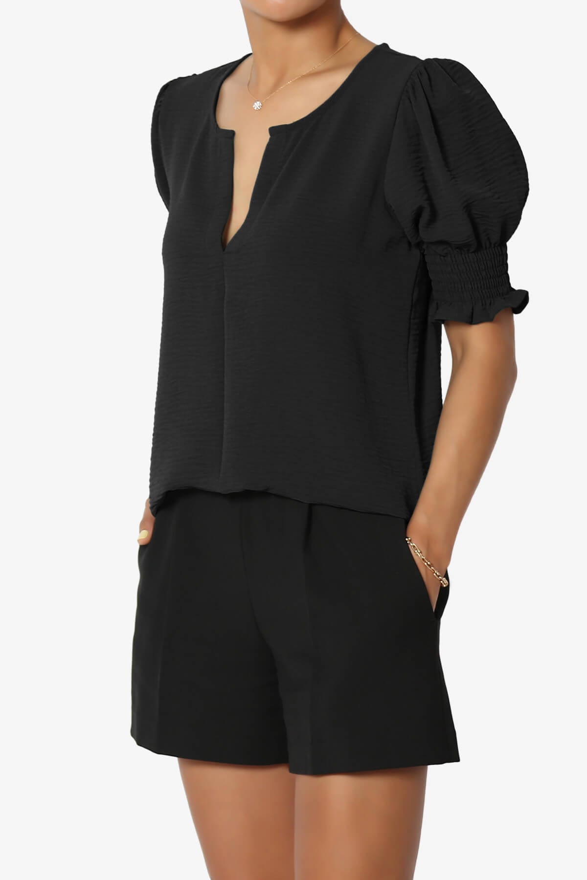 Tori Cool Woven Puff Short Sleeve Top BLACK_3