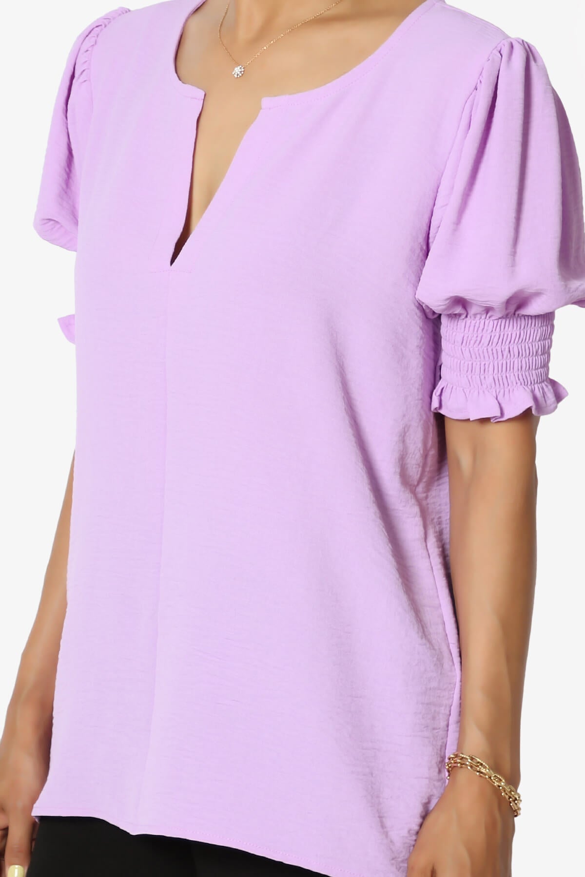 Tori Cool Woven Puff Short Sleeve Top BRIGHT LAVENDER_5