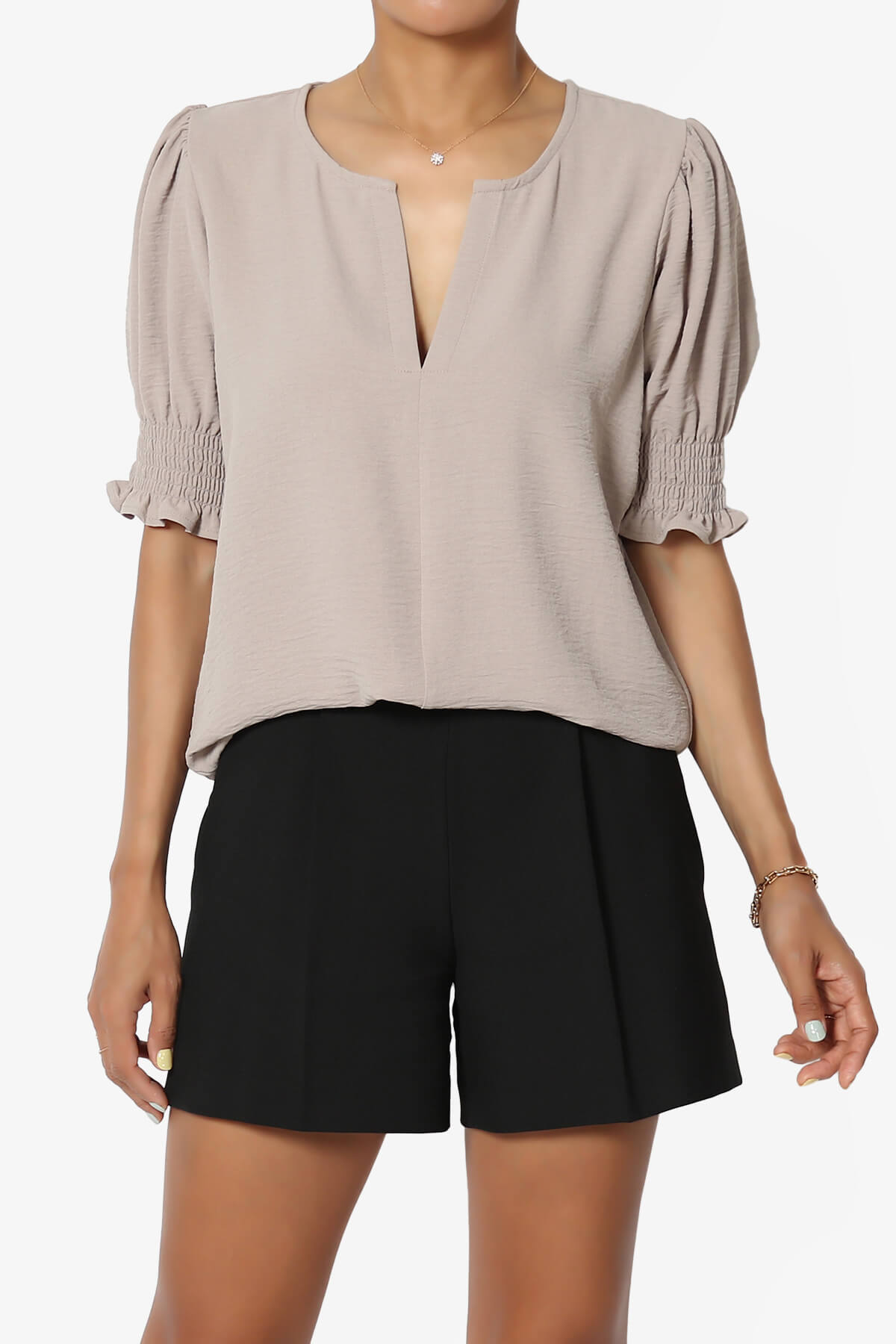 Tori Cool Woven Puff Short Sleeve Top LIGHT MOCHA_1