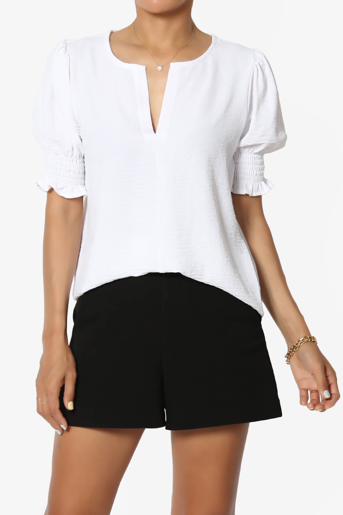 Tori Cool Woven Puff Short Sleeve Top WHITE_1