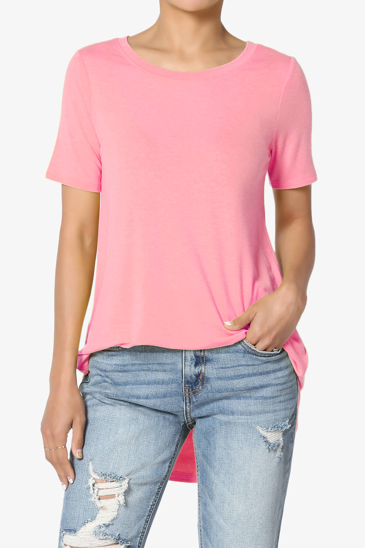 Tristan Essential Short Sleeve Round Hem Top BRIGHT PINK_1
