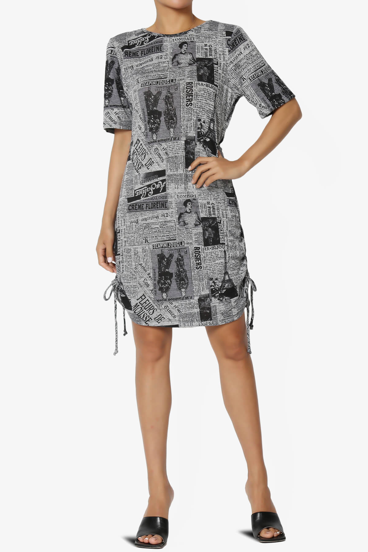 Wanda Printed Ruched Side Drawstring T-Shirt Dress GREY_6