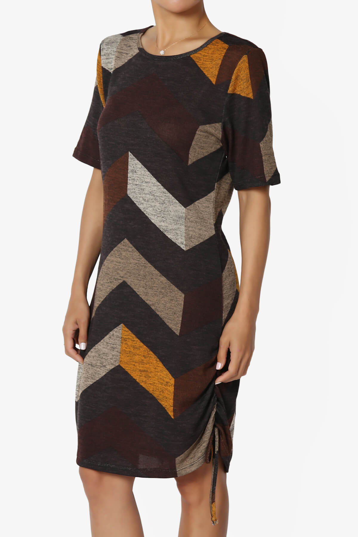 Wanda Printed Ruched Side Drawstring T-Shirt Dress MOCHA_3