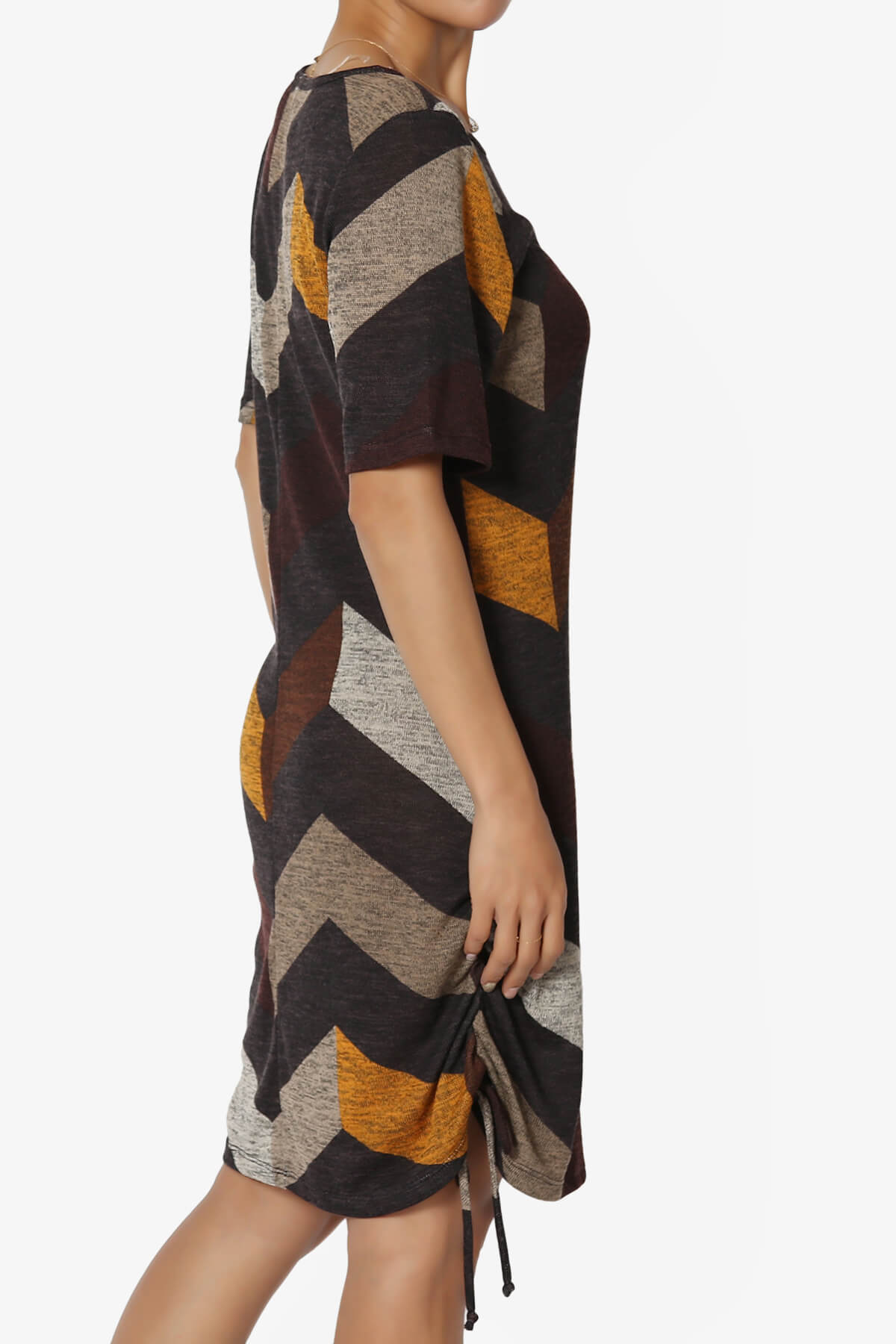 Wanda Printed Ruched Side Drawstring T-Shirt Dress MOCHA_4