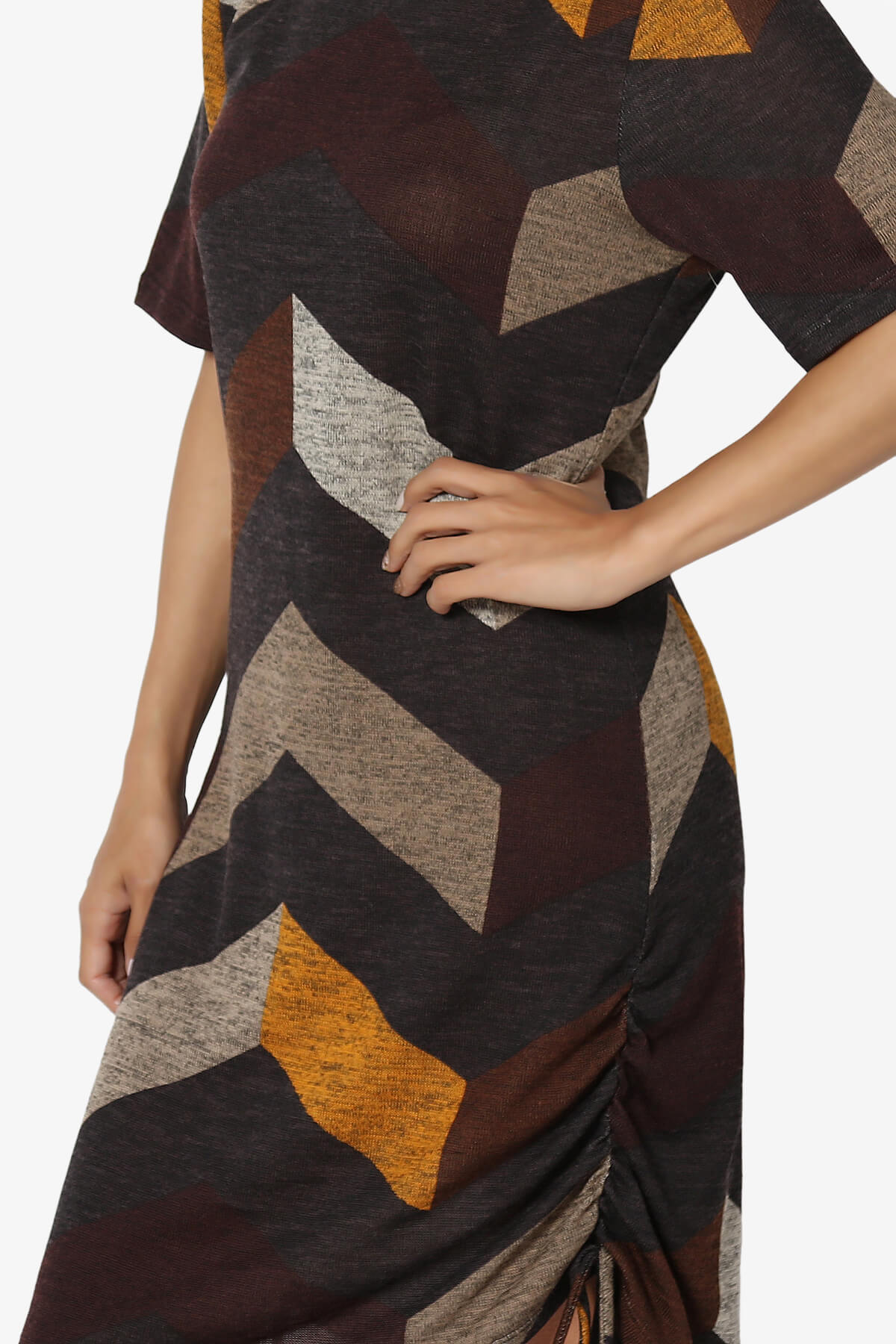 Wanda Printed Ruched Side Drawstring T-Shirt Dress MOCHA_5