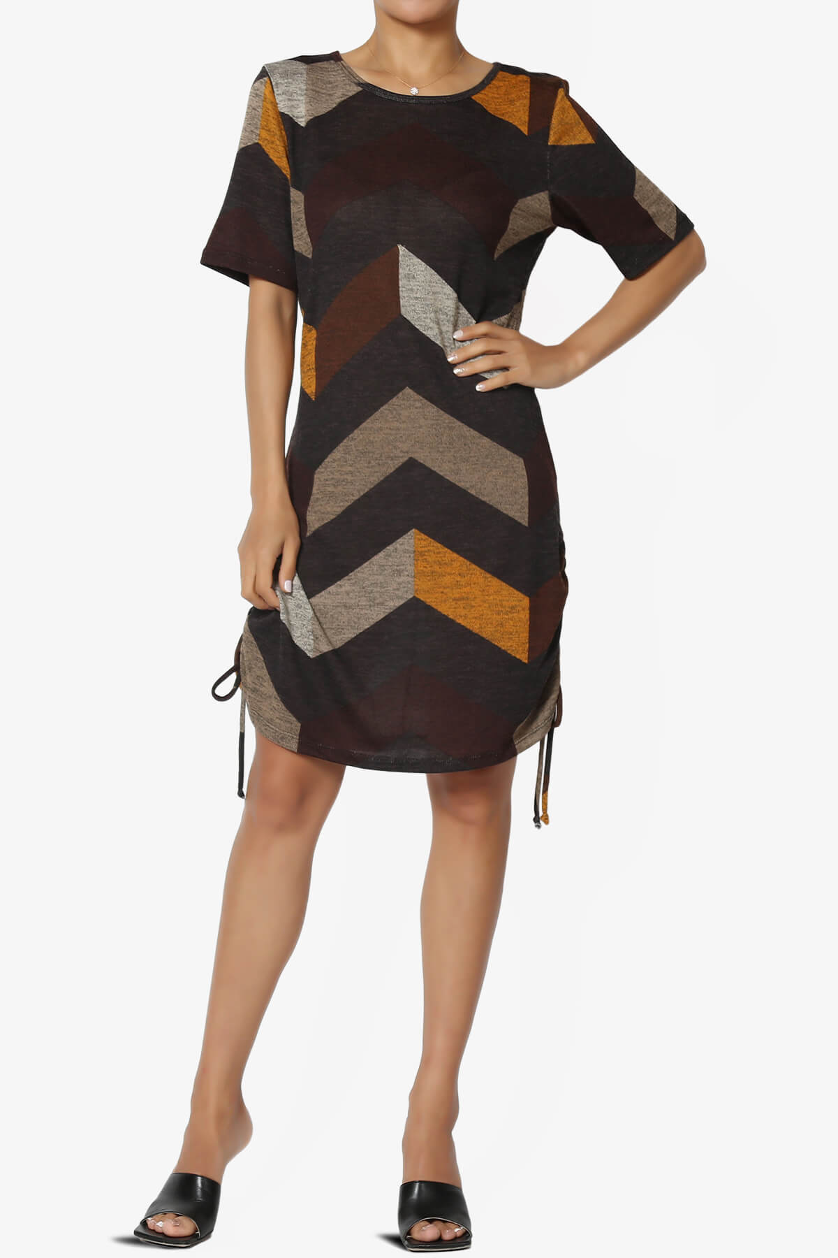 Wanda Printed Ruched Side Drawstring T-Shirt Dress MOCHA_6