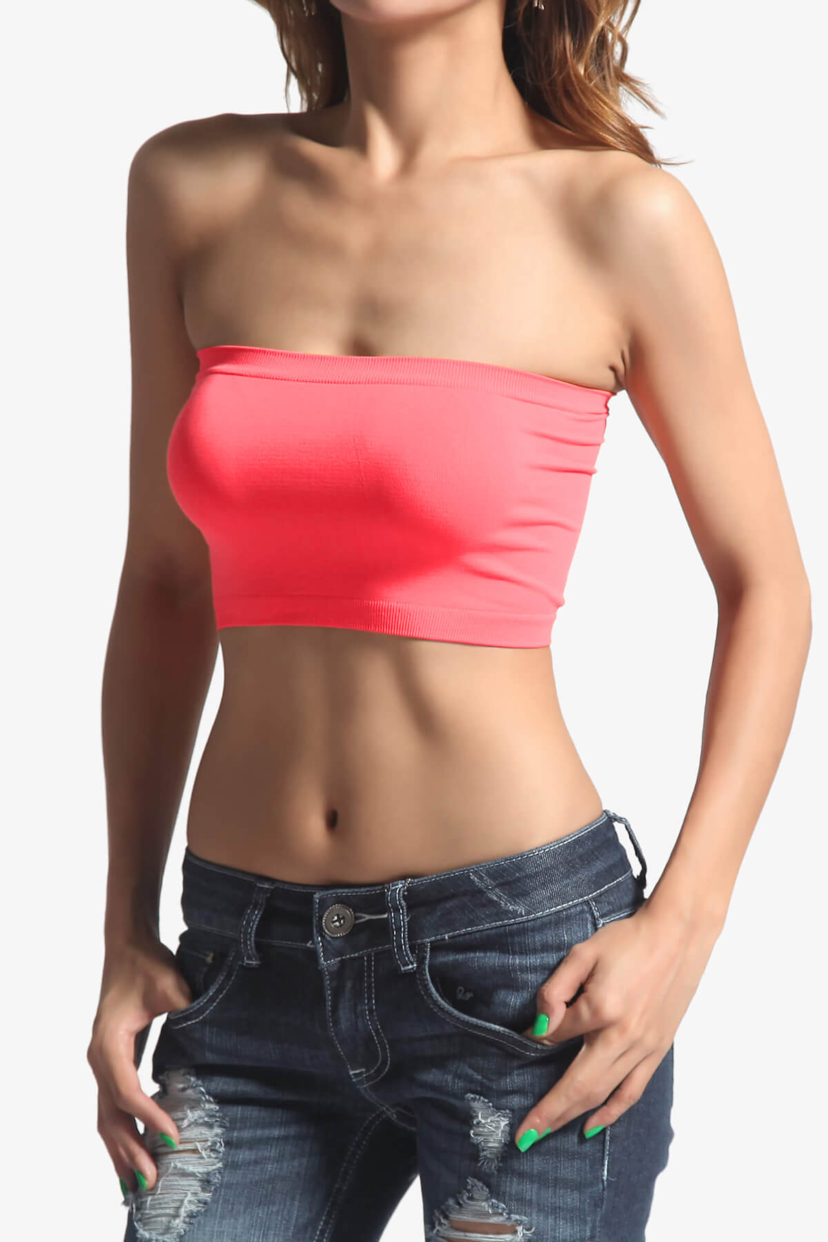 Wendi Seamless Crop Bandeau NEON CORAL PINK_1