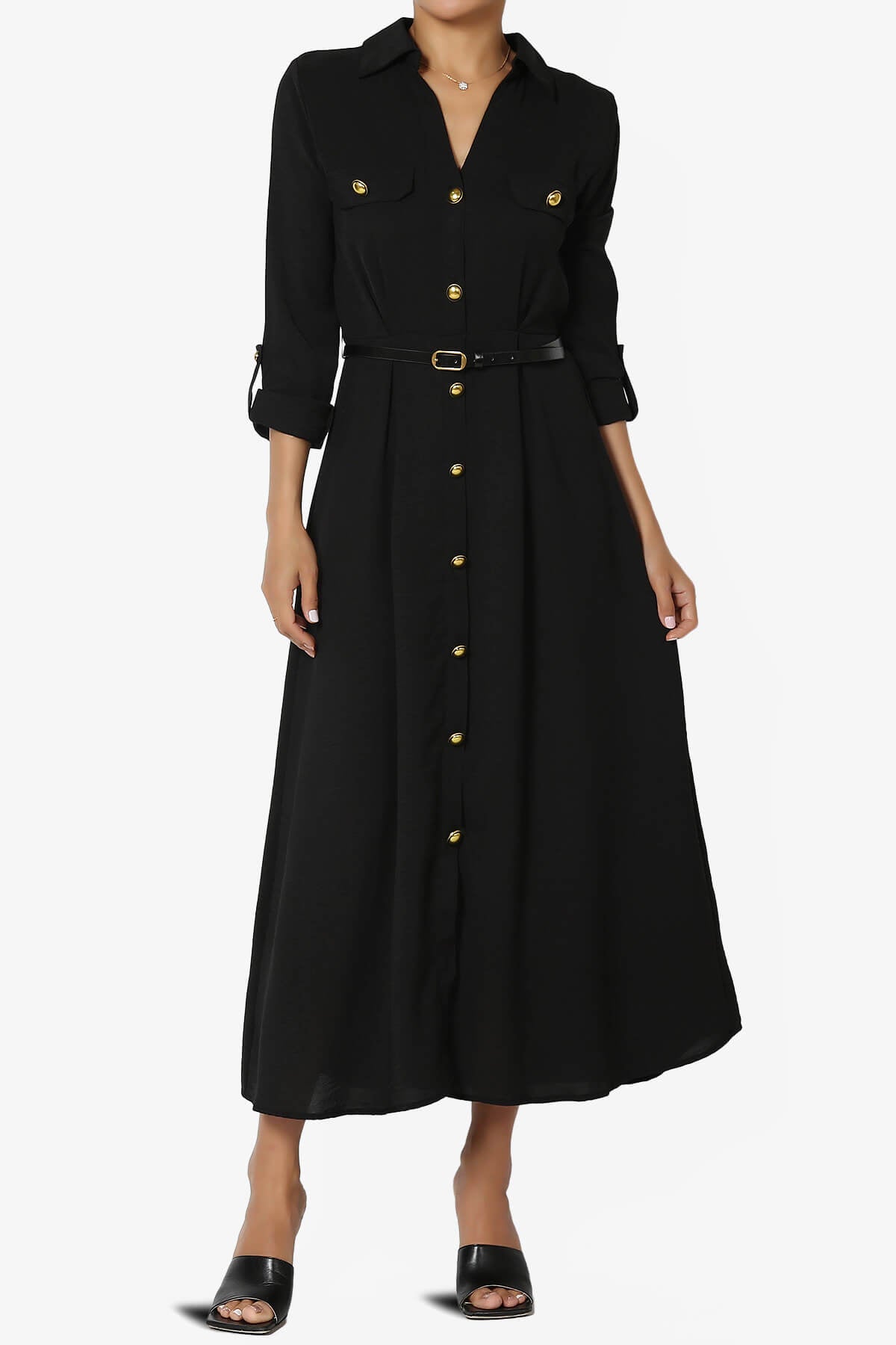Whitney 3/4 Sleeve Midi Shirt Dress with Belt BLACK_1