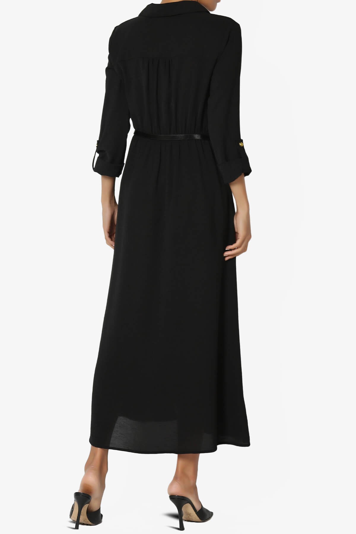Whitney 3/4 Sleeve Midi Shirt Dress with Belt BLACK_2