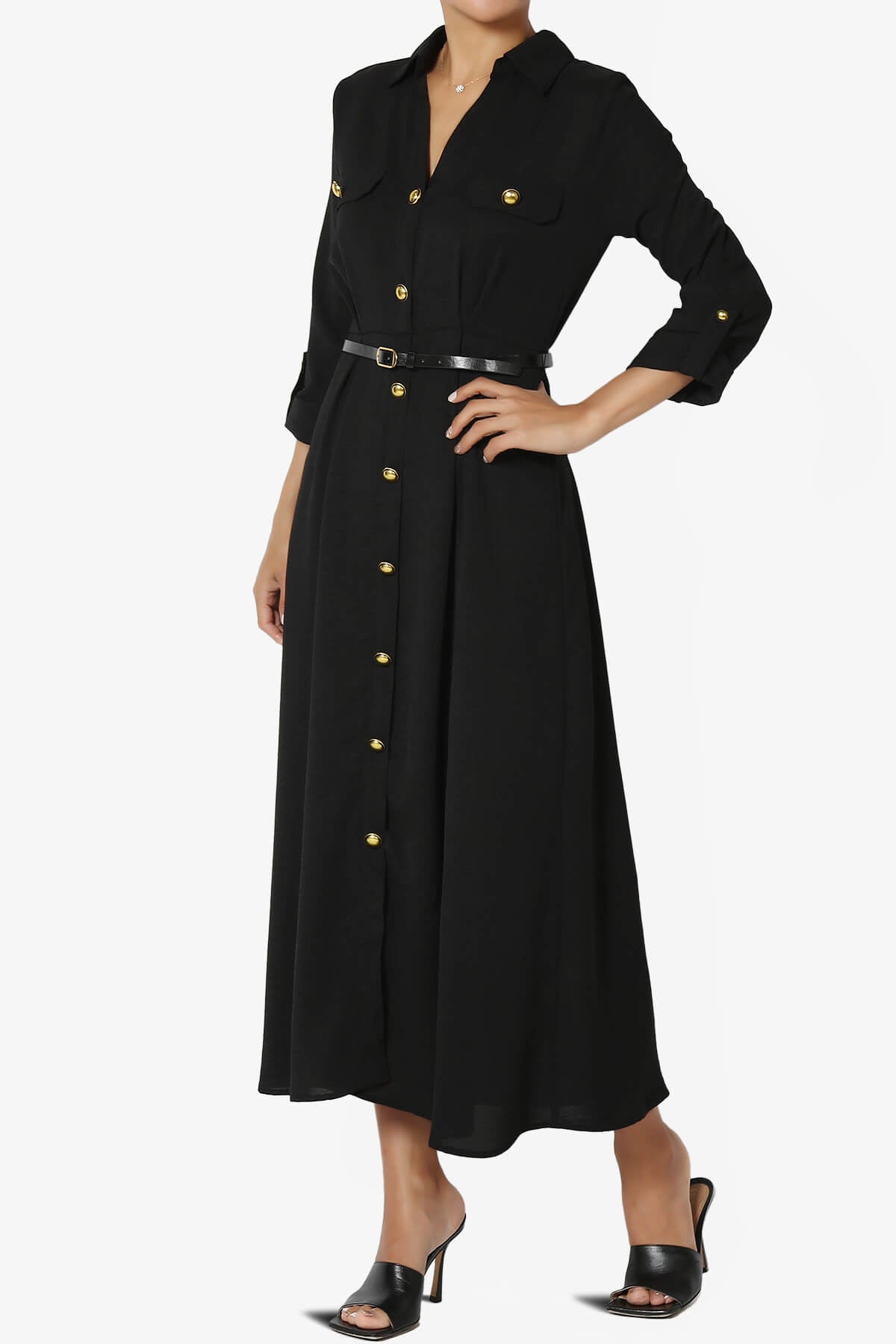 Whitney 3/4 Sleeve Midi Shirt Dress with Belt BLACK_3