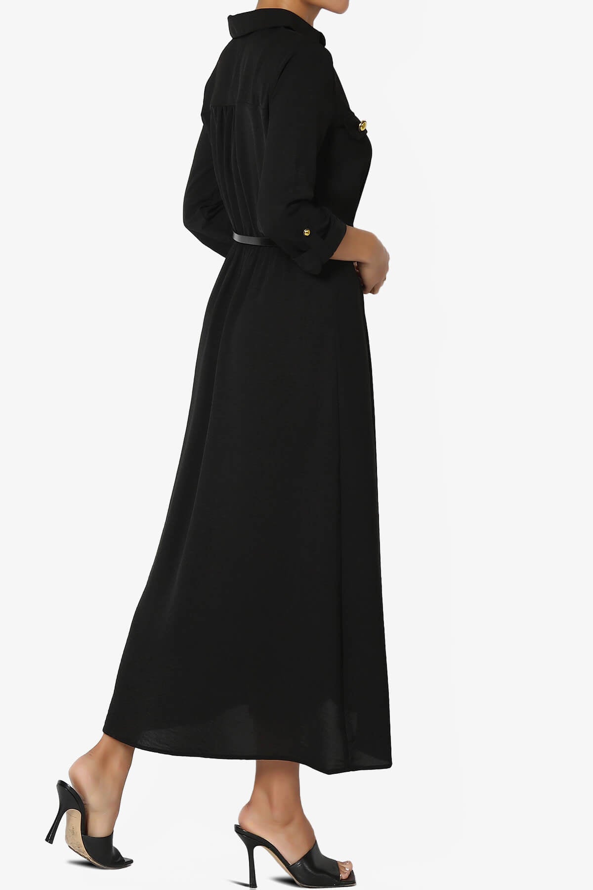 Whitney 3/4 Sleeve Midi Shirt Dress with Belt BLACK_4