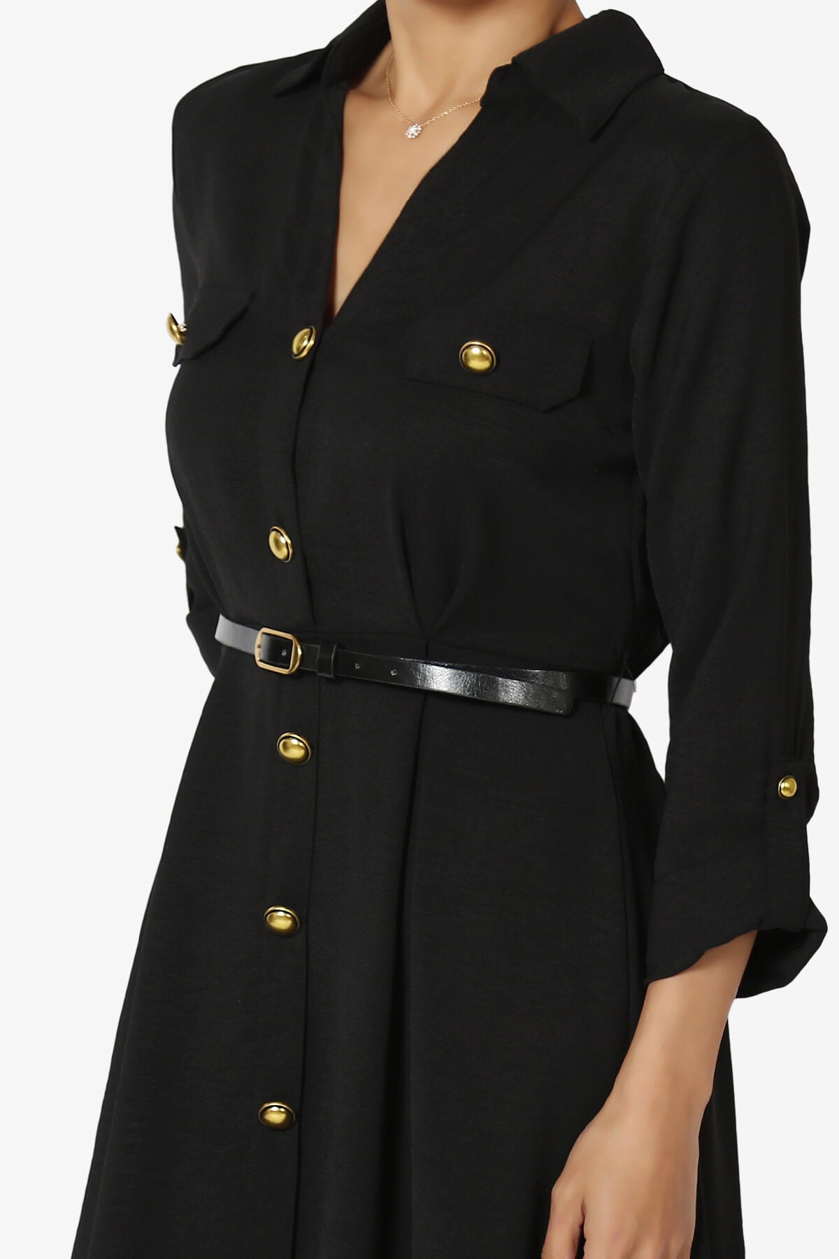 Whitney 3/4 Sleeve Midi Shirt Dress with Belt BLACK_5