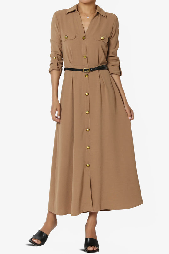Whitney 3/4 Sleeve Midi Shirt Dress with Belt