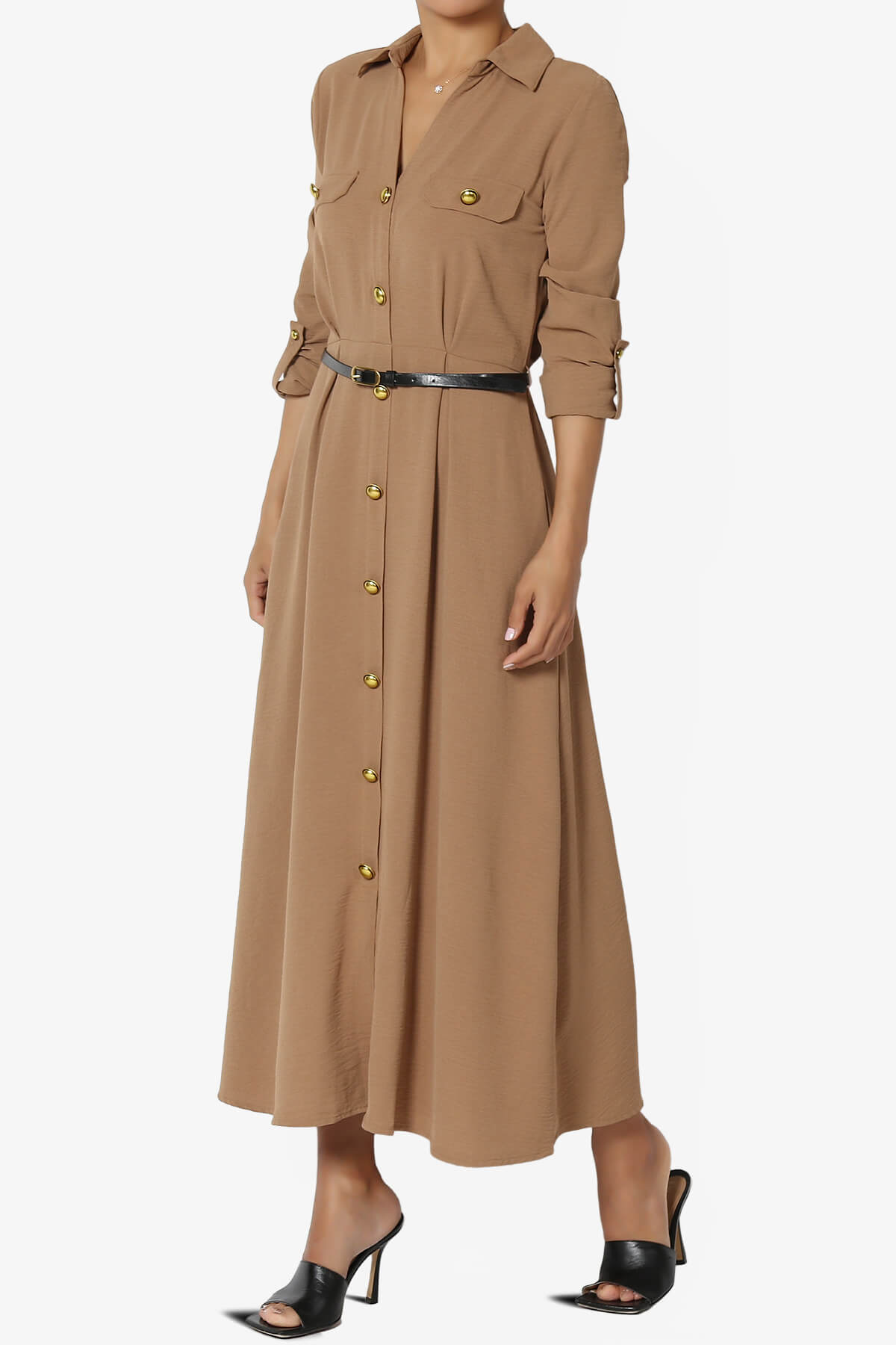 Whitney 3/4 Sleeve Midi Shirt Dress with Belt MOCHA_3