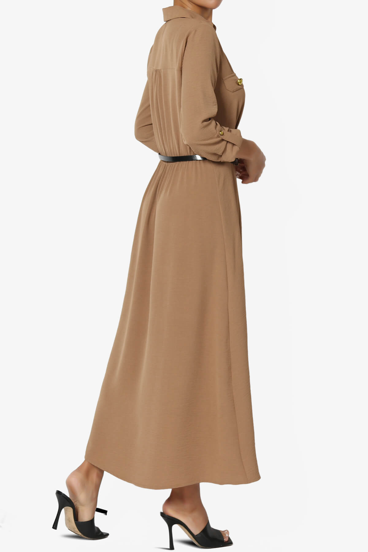 Whitney 3/4 Sleeve Midi Shirt Dress with Belt MOCHA_4
