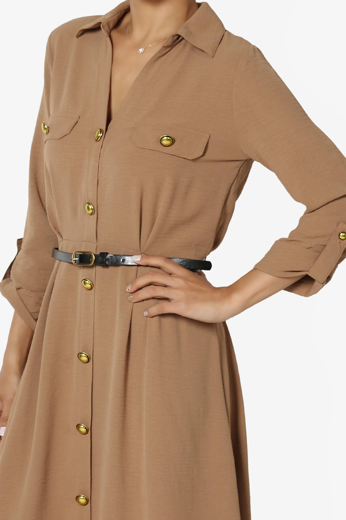 Whitney 3/4 Sleeve Midi Shirt Dress with Belt MOCHA_5