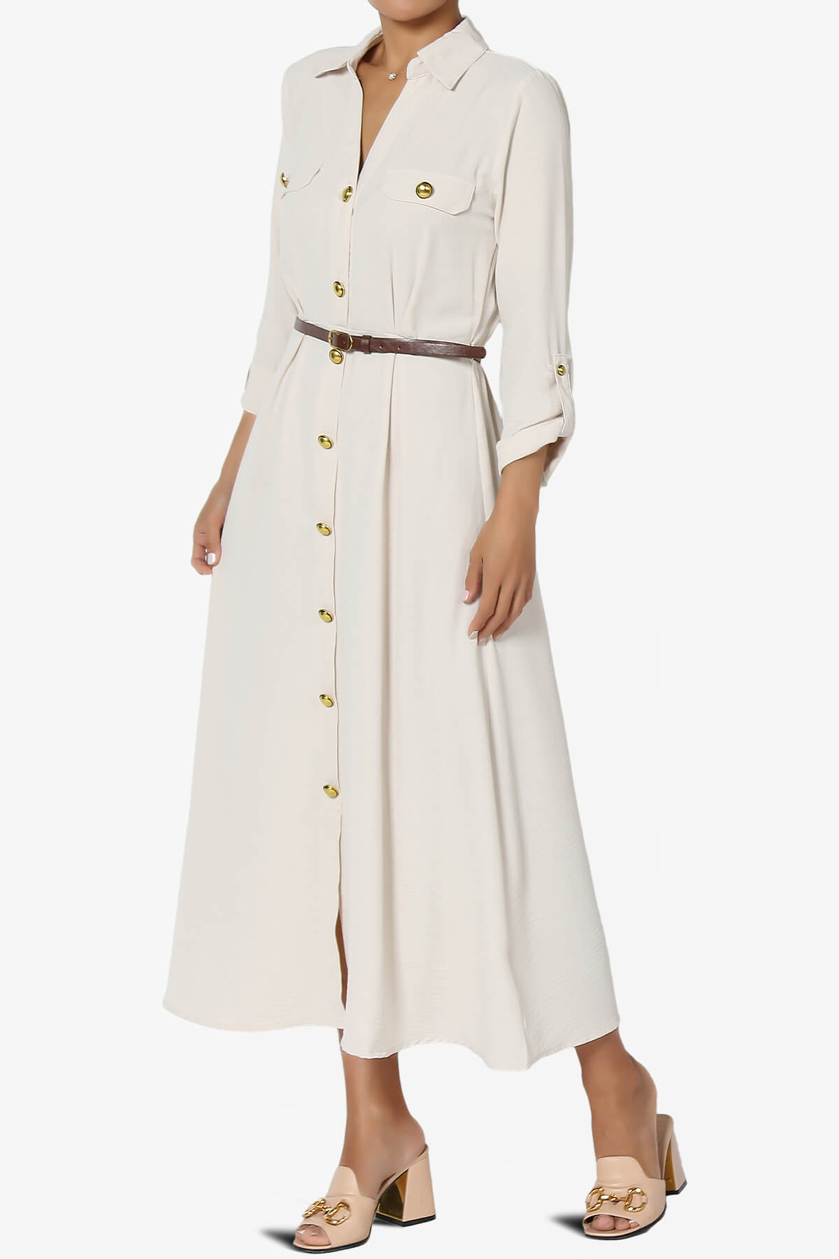 Whitney 3/4 Sleeve Midi Shirt Dress with Belt OATMEAL_3